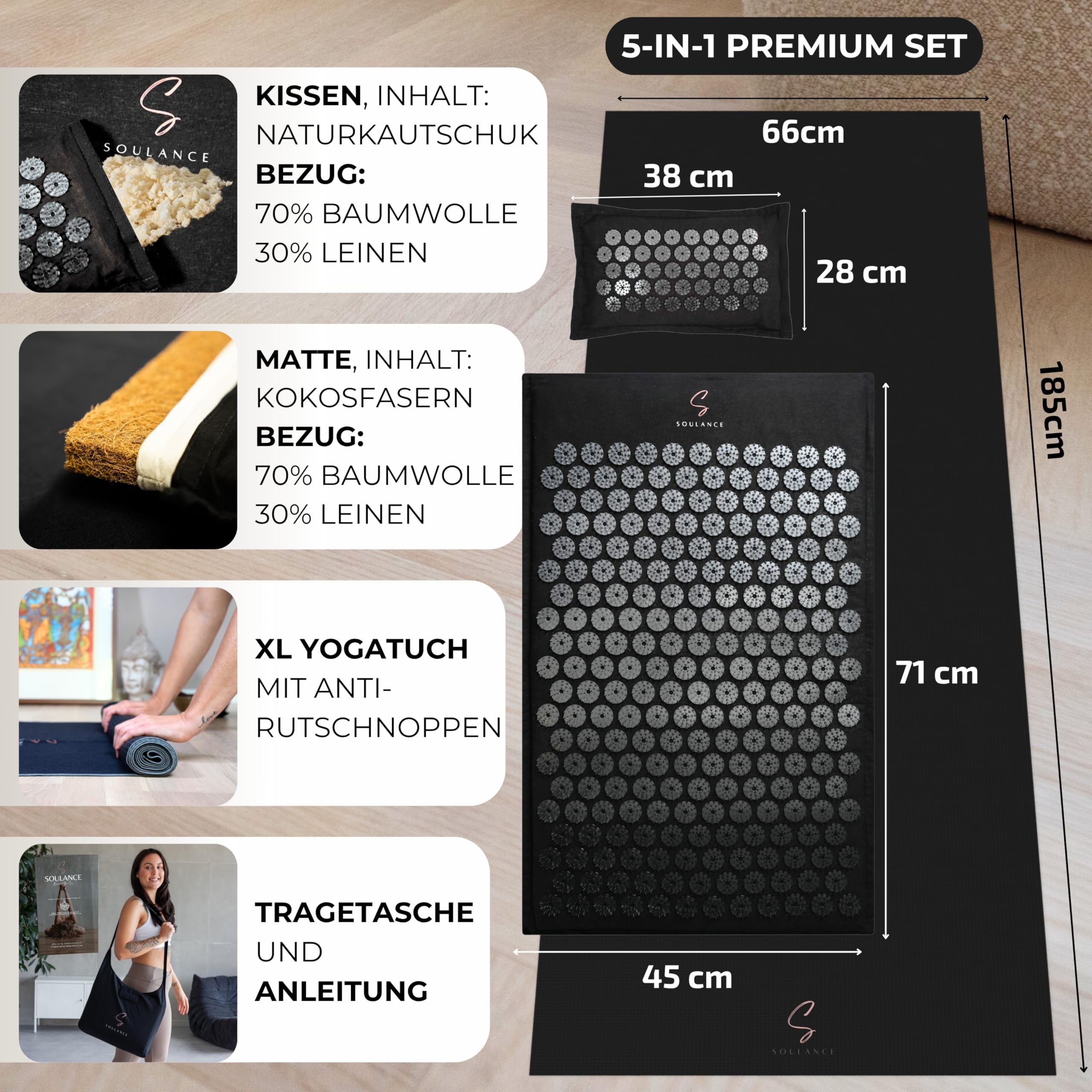 SOULANCE Akupressurmatte gegen Rückenschmerzen, Akkupressmatte,Massagematte | 5 in 1 Set, Akupunktur Matte,Kokosfaserfüllung,Massagematte,Akupressurmatte Set mit Kissen,Ganzkörper,Fakirmatte,Stachelmatte