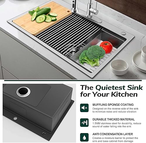 Miniatura 4 de Homikit Fregadero de cocina de 33 x 22 pulgadas, fregadero de cocina de acero inoxidable calibre 16 con esquina R10 de 2 agujeros, fregadero de