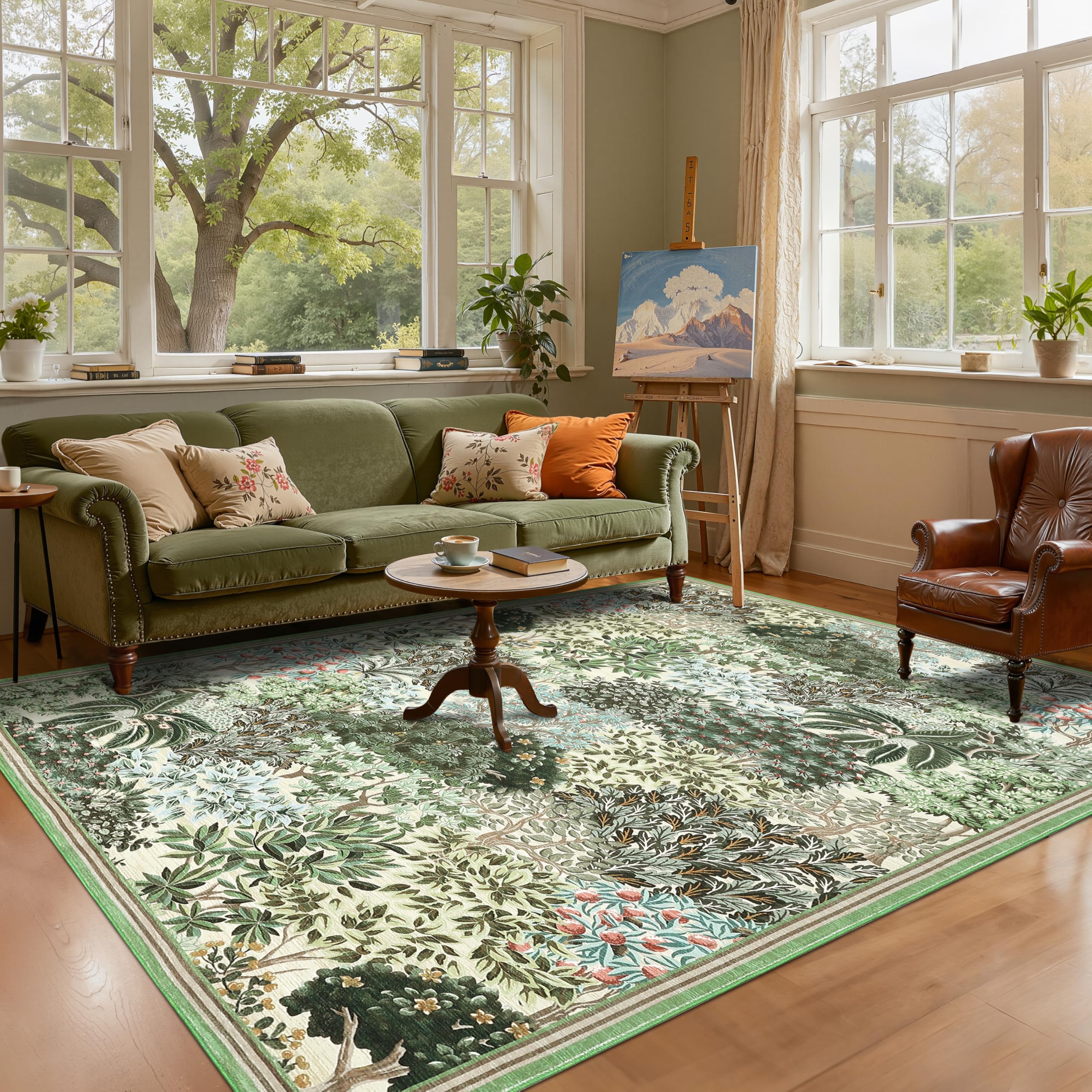 GarveeHome Forest Rugs 6x9, Beige Green Washable Area Rug for Living Room, Botanical Low Pile Non Slip Stain Resistance Woodland Area Rug for