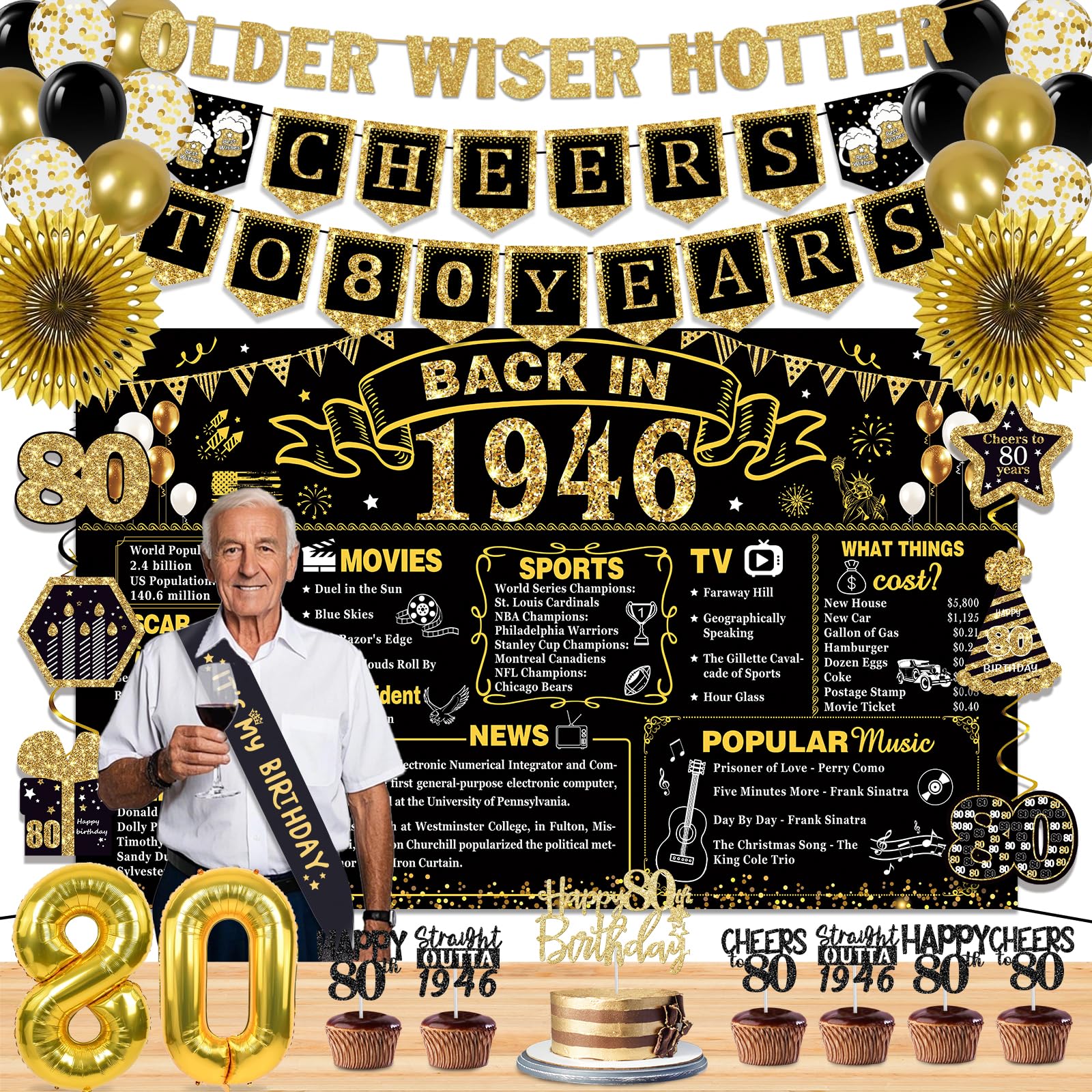 80th Birthday Decorations for Men Women, 36 Pcs Back in 1946 Birthday Party Decorations, Black Gold Happy 80th Banner,Vintage 80th Birthday Table