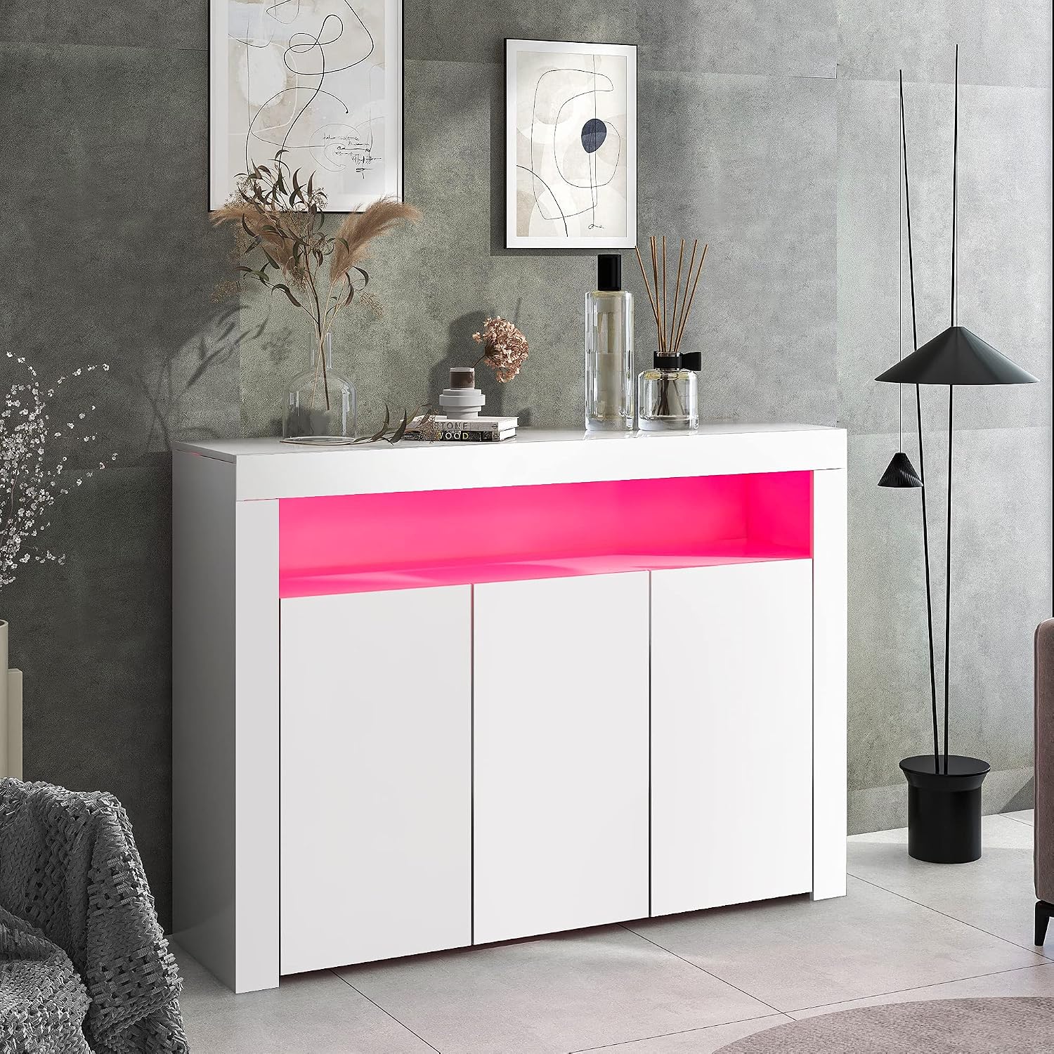 Jaxenor High Gloss Sideboard LED Cabinet with 3 Doors for Living Room, Dining Room, Hallway, Kitchen, Storage Display Cabinet with LED Light, USB Powered (White) - Image 6