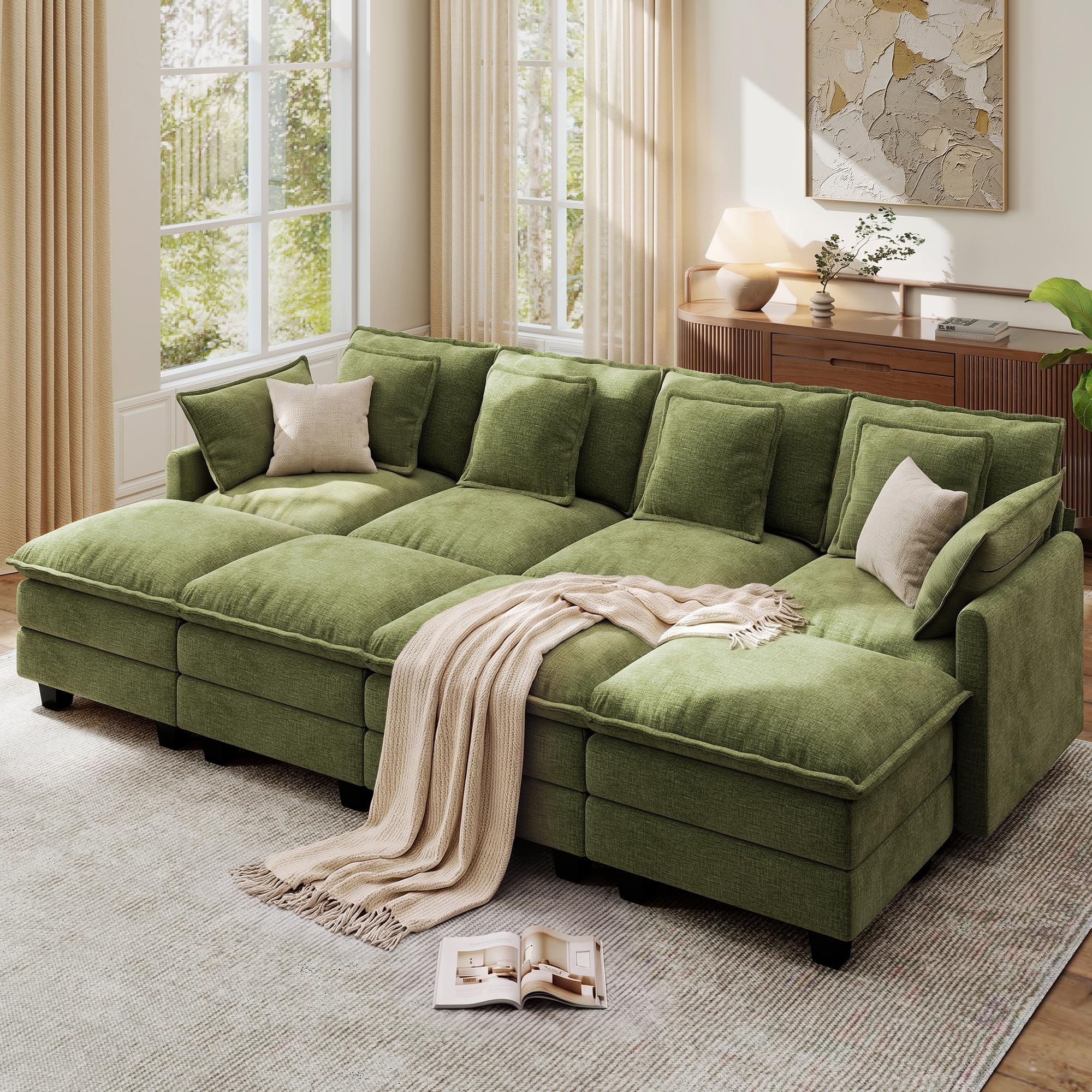 Ihanherry 107" Modular Sectional Cloud Sofa, Convertible Sofa Bed 8 Seat Chenille Couch with Movable Ottomans and 48" Deep Seat, Couches for Living Room, Green