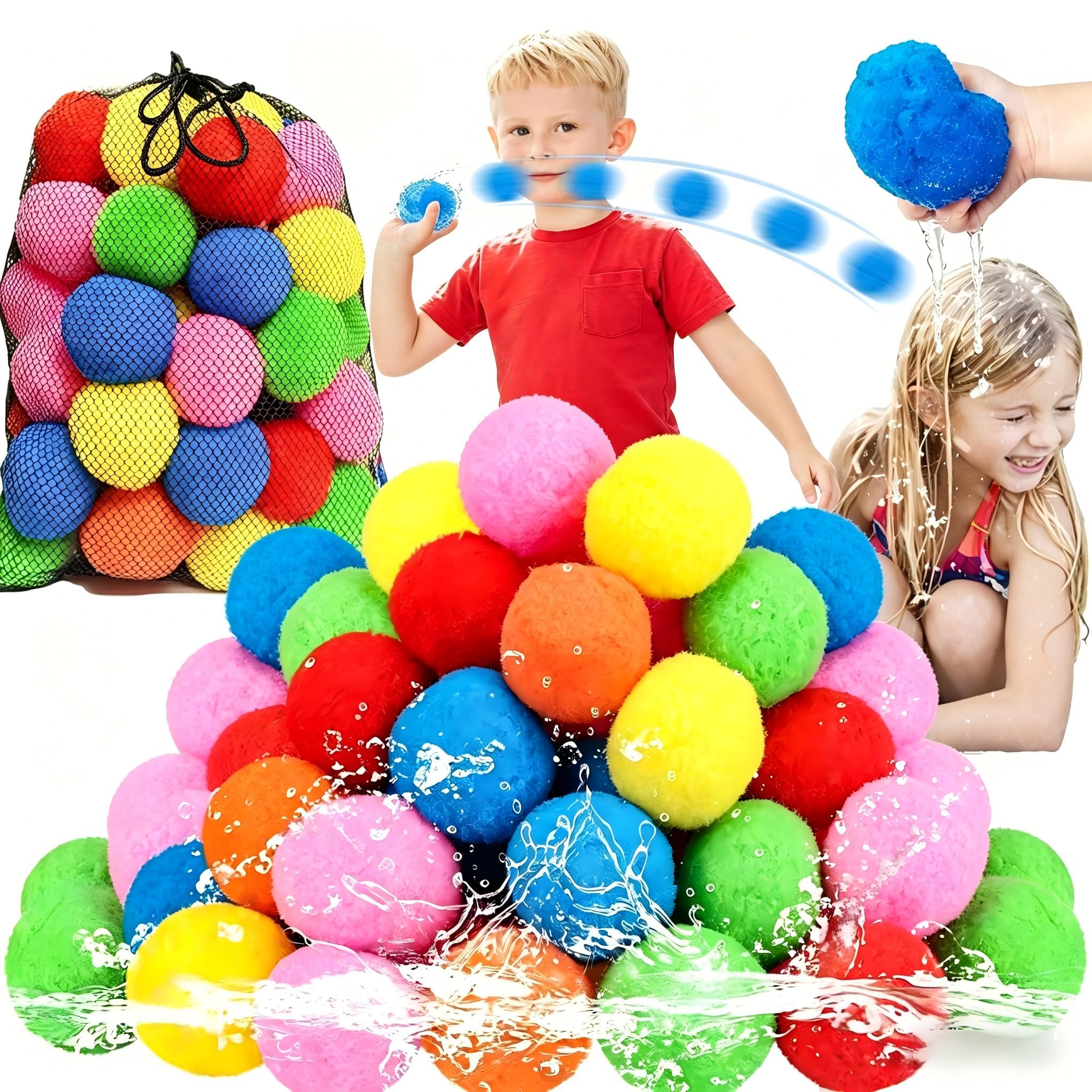 60 Reusable Water Sponge Balls, Reusable Water Fight Sponge Balls, Make Every Splash Count - Without The Plastic Clean-Up, Pool Beach Backyard Family, Games For Kids Adults (40pcs)
