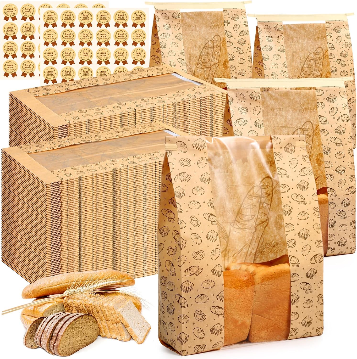 150 Pack Kraft Paper Bread Bags for Homemade Sourdough Bread Bag with Clear Window 13.7 x 8.2 x 3.5 Large Bakery Packaging for Treat Storage Gift Giving with Seal Sticker