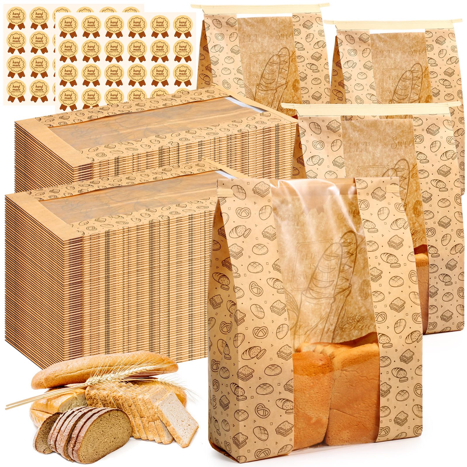 Feifeiya 250 Pack Kraft Paper Bread Bags for Homemade Sourdough Bread Bag with Clear Window 13.7 x 8.2 x 3.5 Large Bakery Packaging for Treat Storage