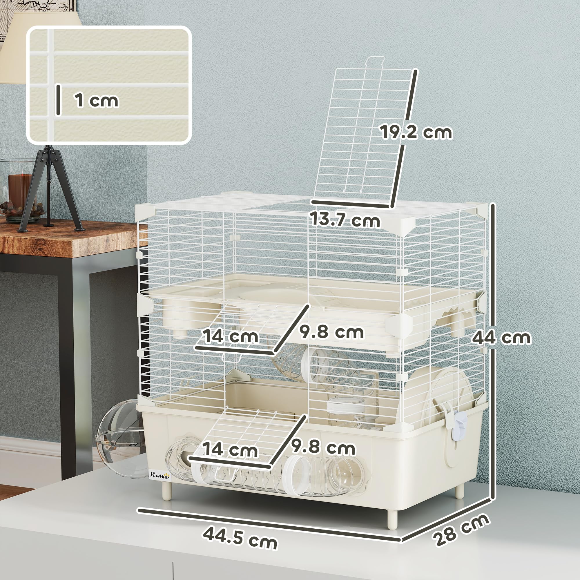 Jaula para hámster PawHut de 2 Niveles y 3 Puertas con Rueda, Caja de Arena y Tubos de Juego, Jaula para Mascotas de Acero, PS y PP, 44,5x28x44 cm, Crema y Blanco | Caja de arena con tubos de juego, jaula para hámster, acero, PS y PP, 44,5 x 28 x 44 cm
