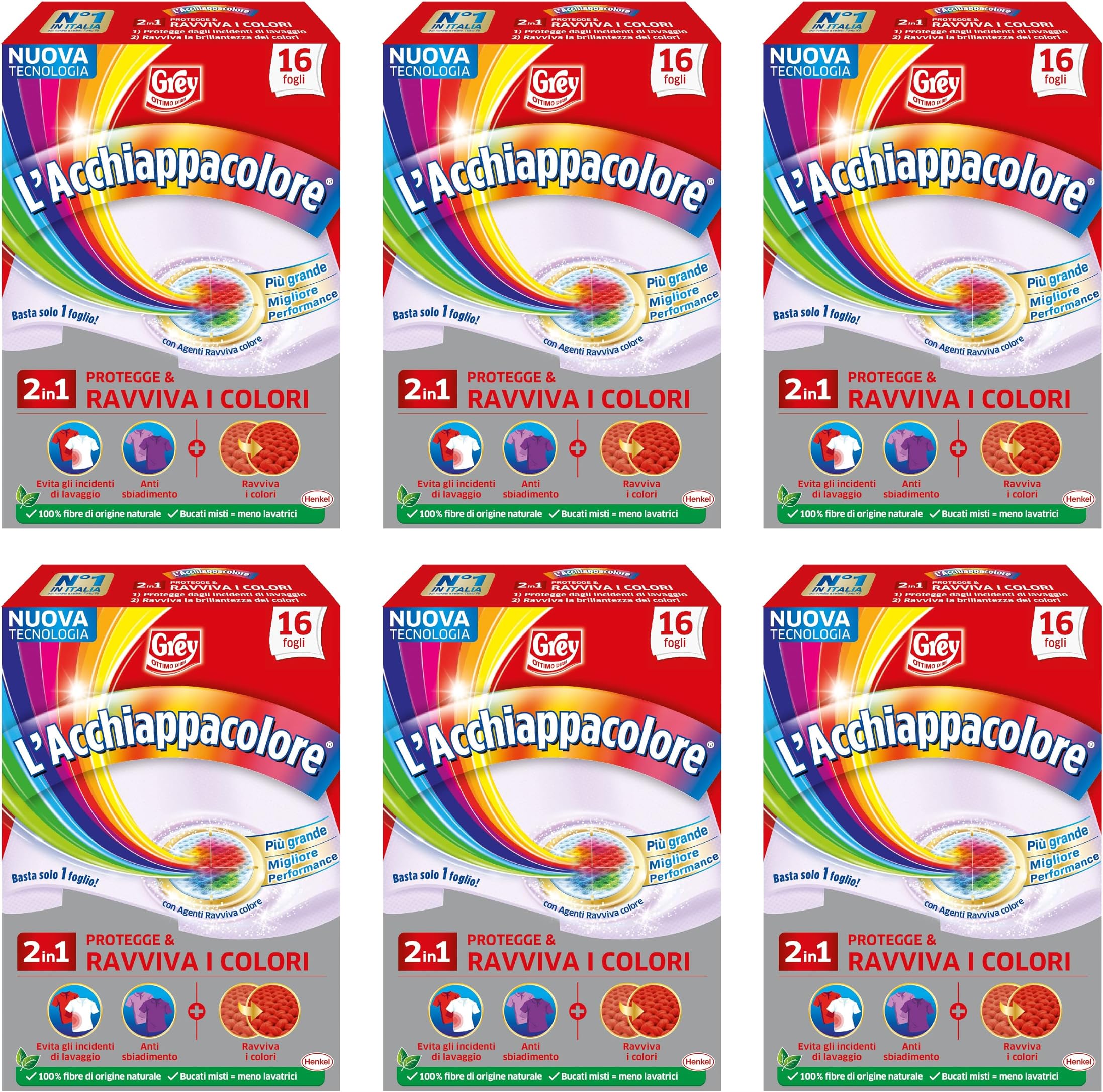 Grey L'Acchiappacolore Brillacolore, Additivi Bucato Fogli Cattura Colore e Ravviva Colori, 6 Confezioni da 16 Fogli
