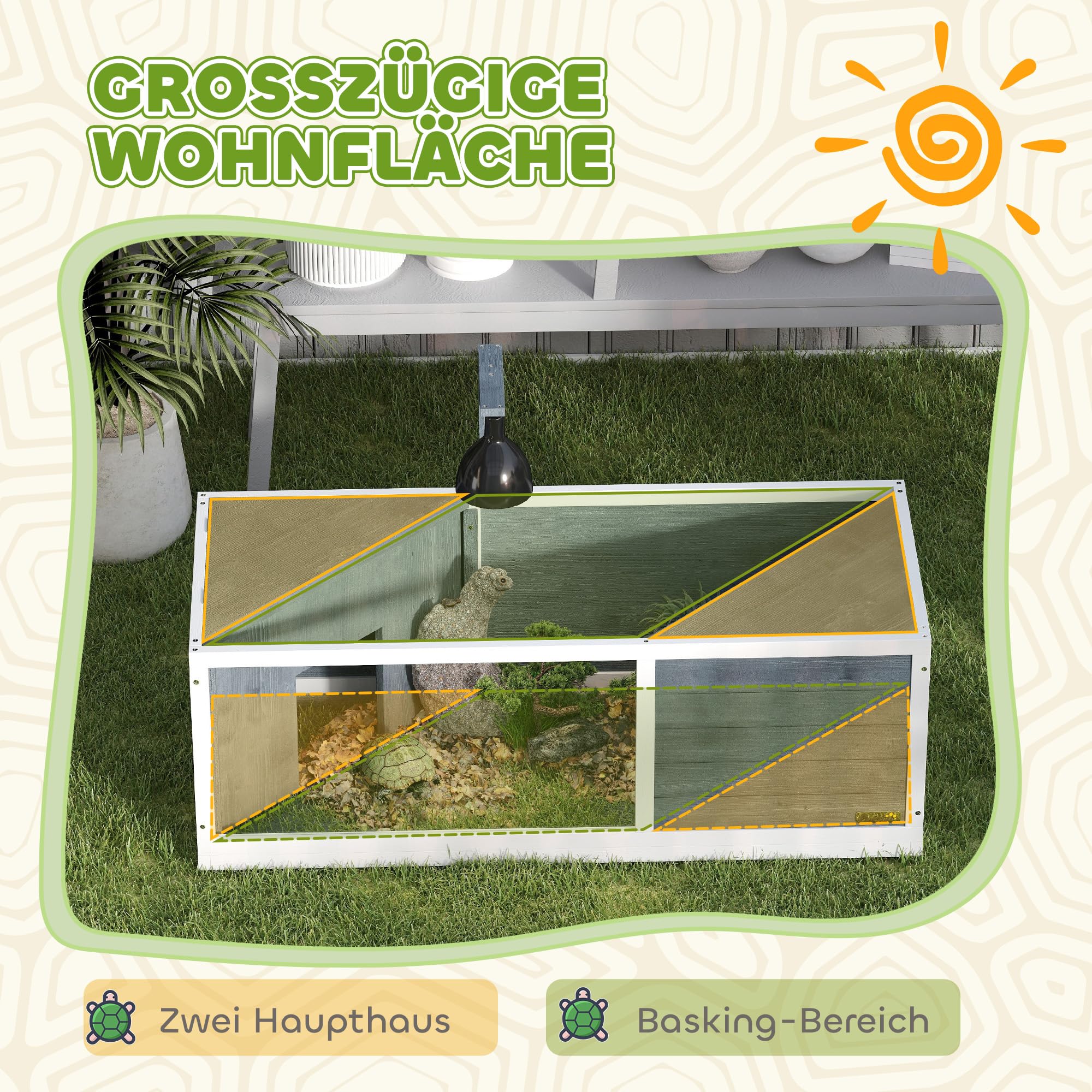 PawHut Schildkrötenhaus aus Holz, Schildkrötengehege mit Zwei Haupthäusern, aufklappbarem Oberseite, Lichtständer, transparenter Frontplatte, Reptilienkäfig für Amphibien 120 x 50 x 40 cm, Grau