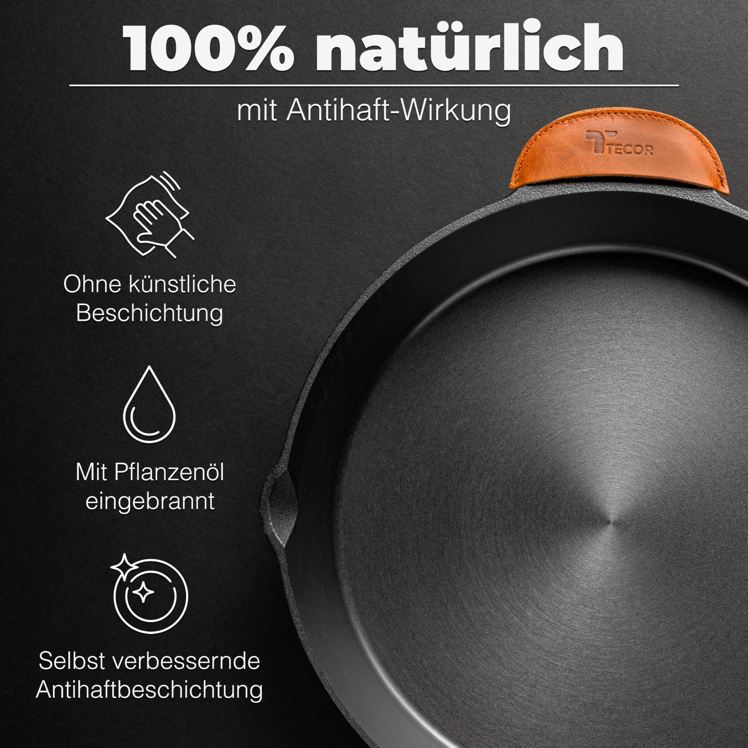 TECOR Gusseisenpfanne Induktion 28 cm geschliffen, universell, natürlich - Langlebige Pfanne Gusseisen induktion - Antihaft Gusspfanne induktion 28 cm einfach top Qualität - Cast iron pan induction