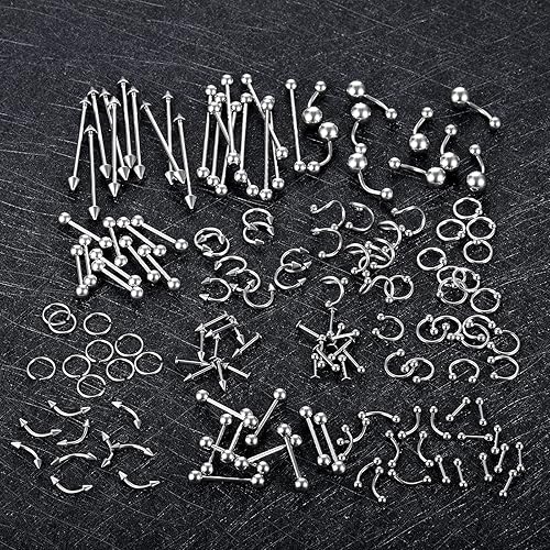 Miniatura 6 de Xpircn Kit de 150 piercings de acero inoxidable para labios, nariz, lengua, tragus, cartílago, daith, cejas, ombligo, ombligo, piercing,