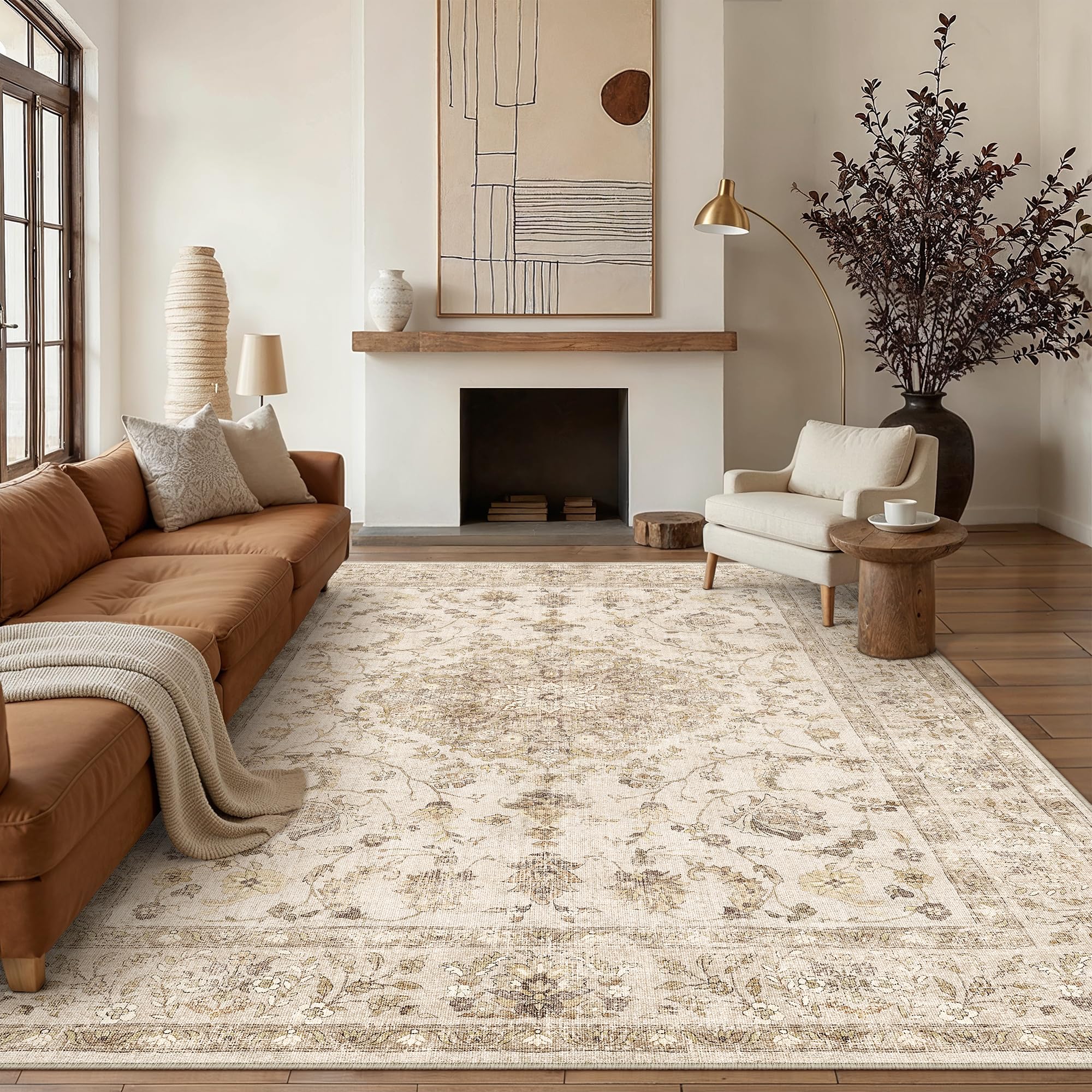 PureCozy Teppich Wohnzimmer 200x300cm Waschbarer Vintage Beige Tepiche for Schlafzimmer kurzflor rutschfest Weich Böhmischen Groß Retro Carpet für Küchen Esszimmer Bedroom Büro Living Room