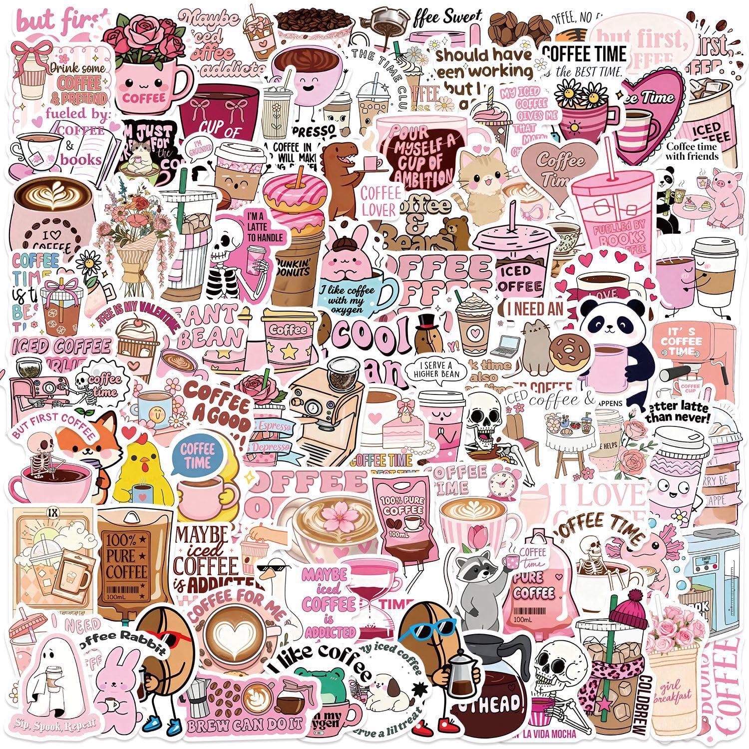100Pcs Funny Coffee Stickers Pack for Laptop Luggage Scrapbooking Skateboard Guitar Water Bottle, Gift for Teens Kids Girls