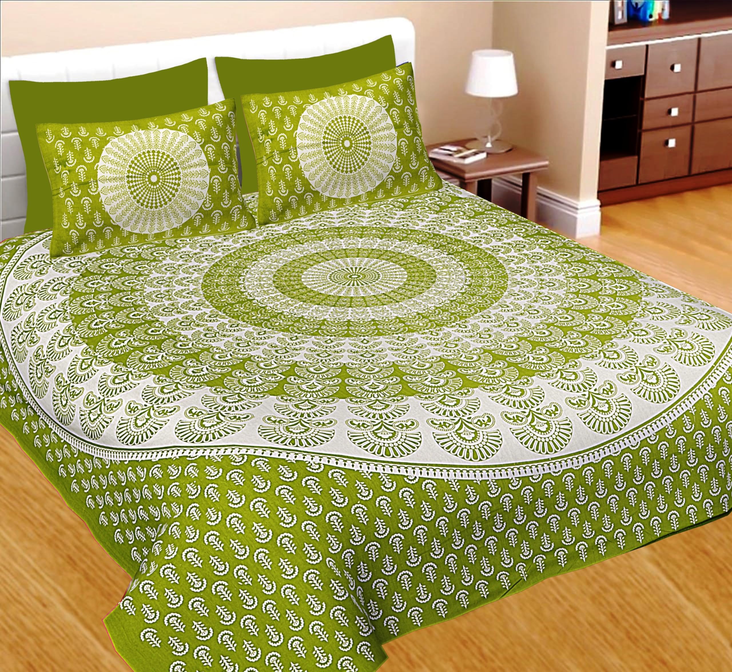 JAIPUR PRINTS 100% Cotton Traditional Jaipuri Printed Bedsheet For Double Bed King Size With 2 Pillow Covers - Green001, 180 tc (B0CW9XGXSY) Amazon Price History, Amazon Price Tracker