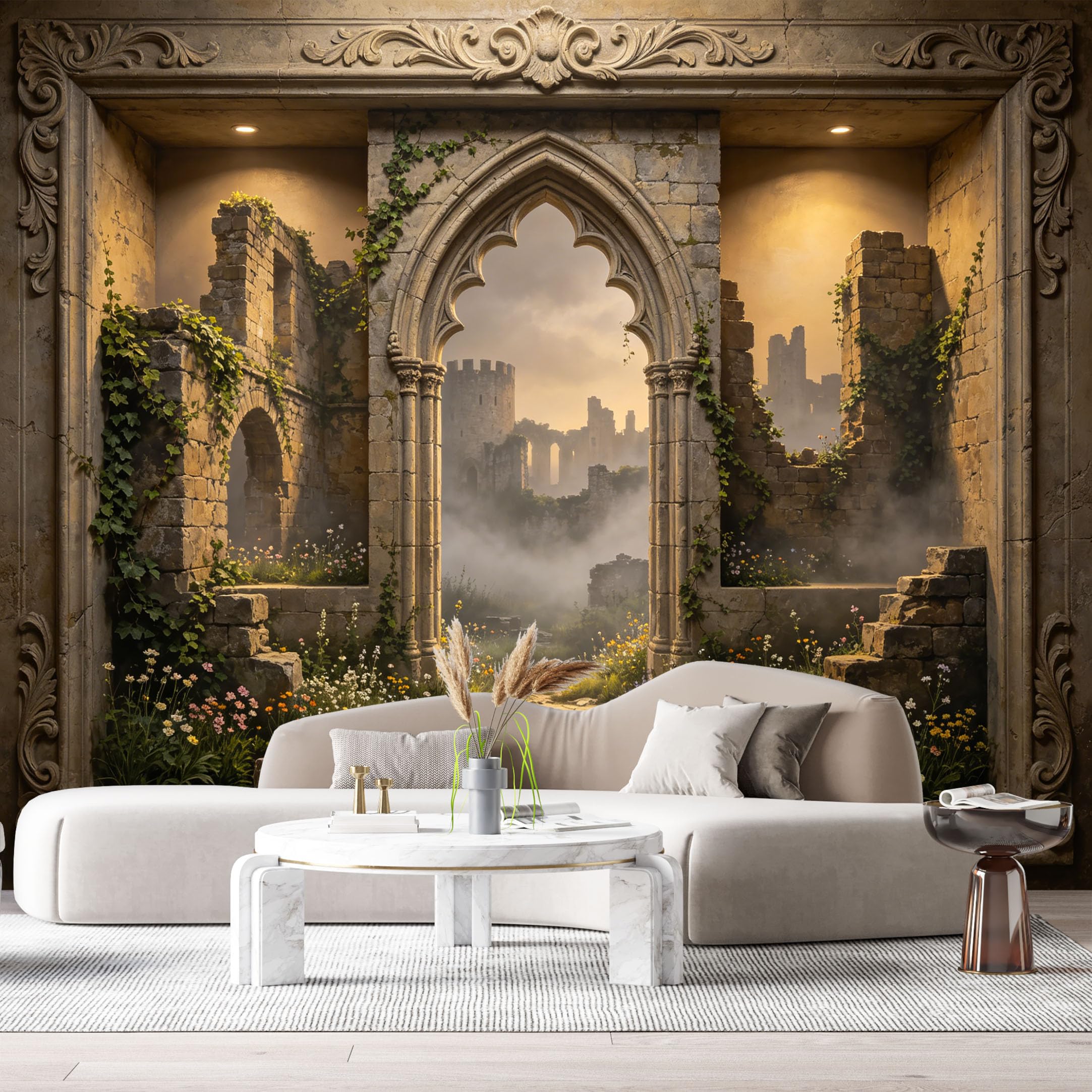Custom Size Wall Murals Gothic Ruins Misty Castle Fantasy 3D Trompe L'Oeil SelfAdhesiveWall Fabric Removable Wallpaper Wall Decor for Living Room Bedroom Bathroom