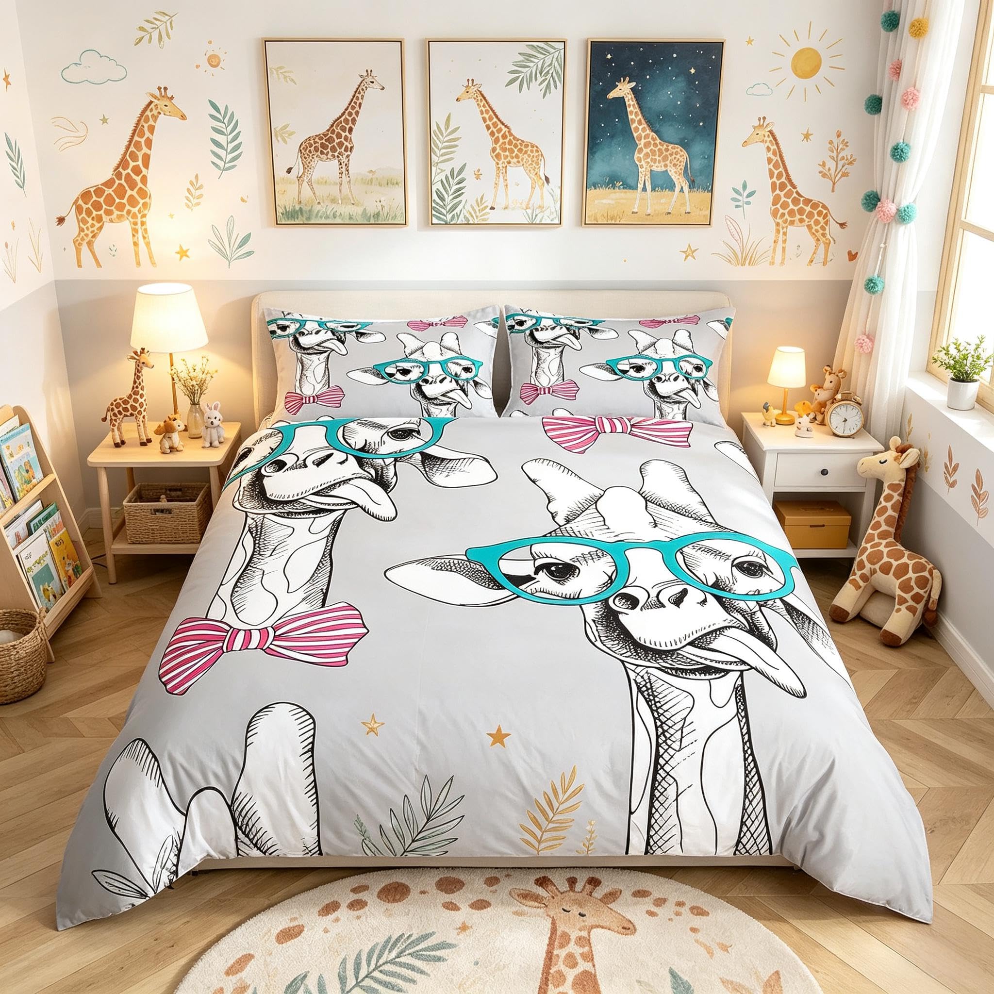 Loussiesd Giraffe Bedding Setfor Girls Girly Cute Animals Duvet Cover,Lovely Bow Deer Comforter Cover Child Kids Bedroom Quilt Cover Ultra Soft Microfiber Funny Gift Decor 3 Pcs Double Size — image 1