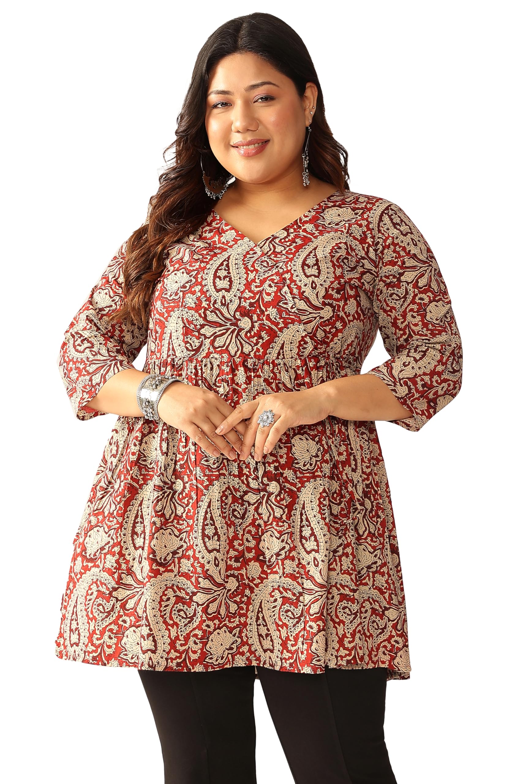 janasya Women's Plus Size Maroon Pure Cotton Paisley Printed Peplum Tunic-picture-11