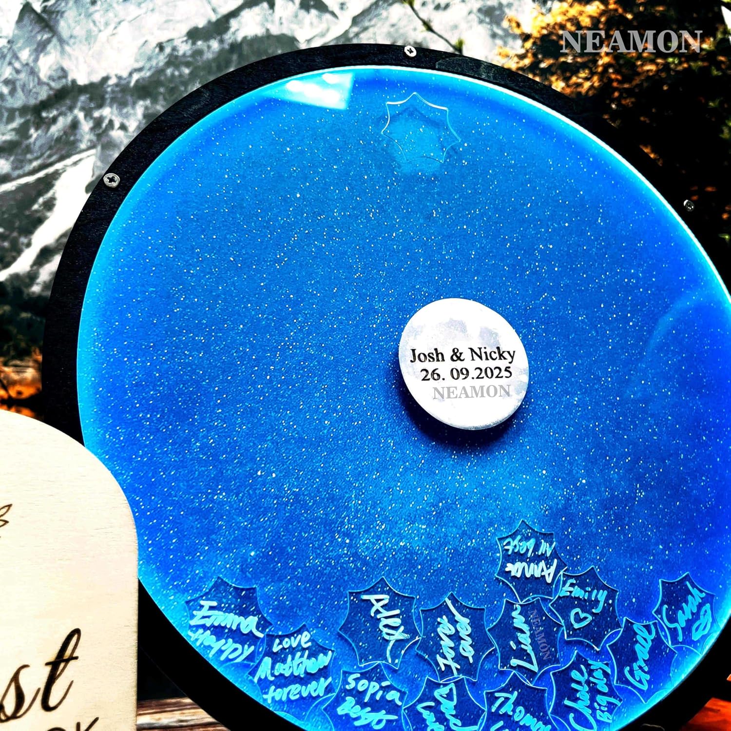 Personalized Celestial Wedding Guest Book Alternative Wedding Decorations Moon Galaxy Theme Birthday Party Decor for Baby Shower Bridal Baptism Graduation Christmas Party (Blue-Custom)