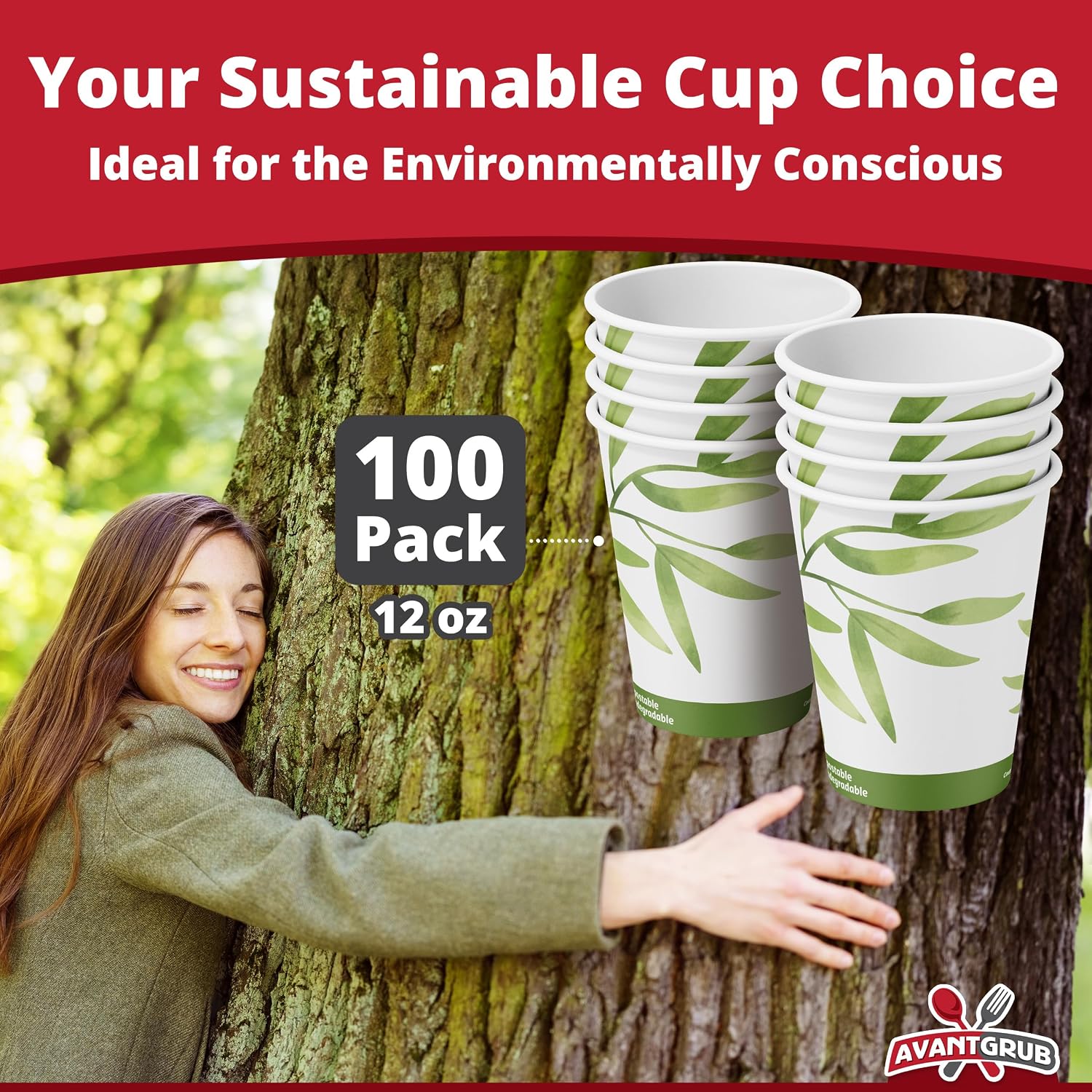Compostable 12 Oz Paper Coffee Cups, 100 Pack By Avant Grub. Medium Sized, PLA Lined Disposable Hot and Cold Beverage Cup Set for Cafe, Shops, Kiosk, Concession Stand and Office