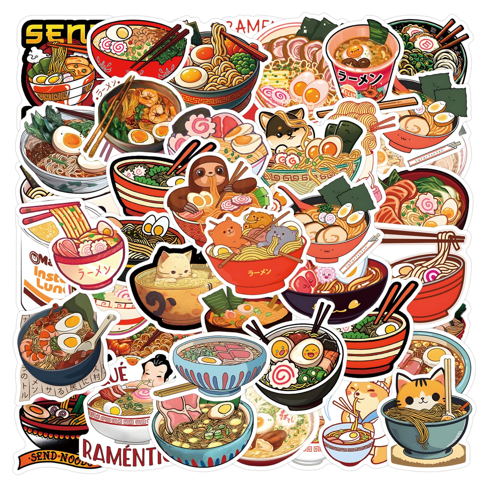 Ramen Stickers for Water Bottle and Laptop 55PCS Yummy Japanese Food Stickers, Foodie Party Favors & Decorations, Waterproof Vinyl Noodle Decals, Cute Ramen Stickers Laptop Decals