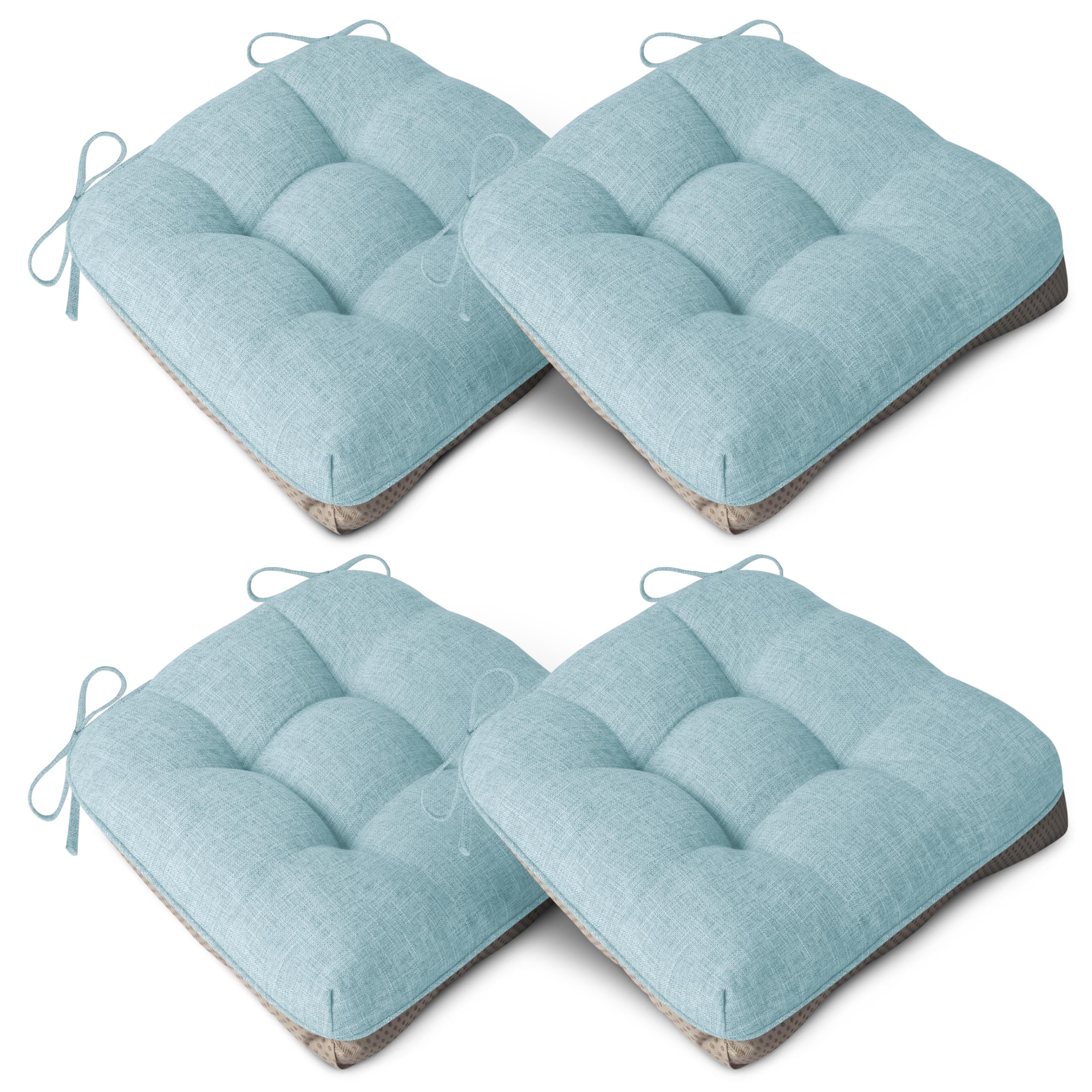 AddGrace Extra Thick Chair Cushions for Dining Chairs Set of 4 Non-slip Kitchen Chair Pads Soft Dining Room Seat Cushion with Ties 16" x 16" x 4" Light Blue
