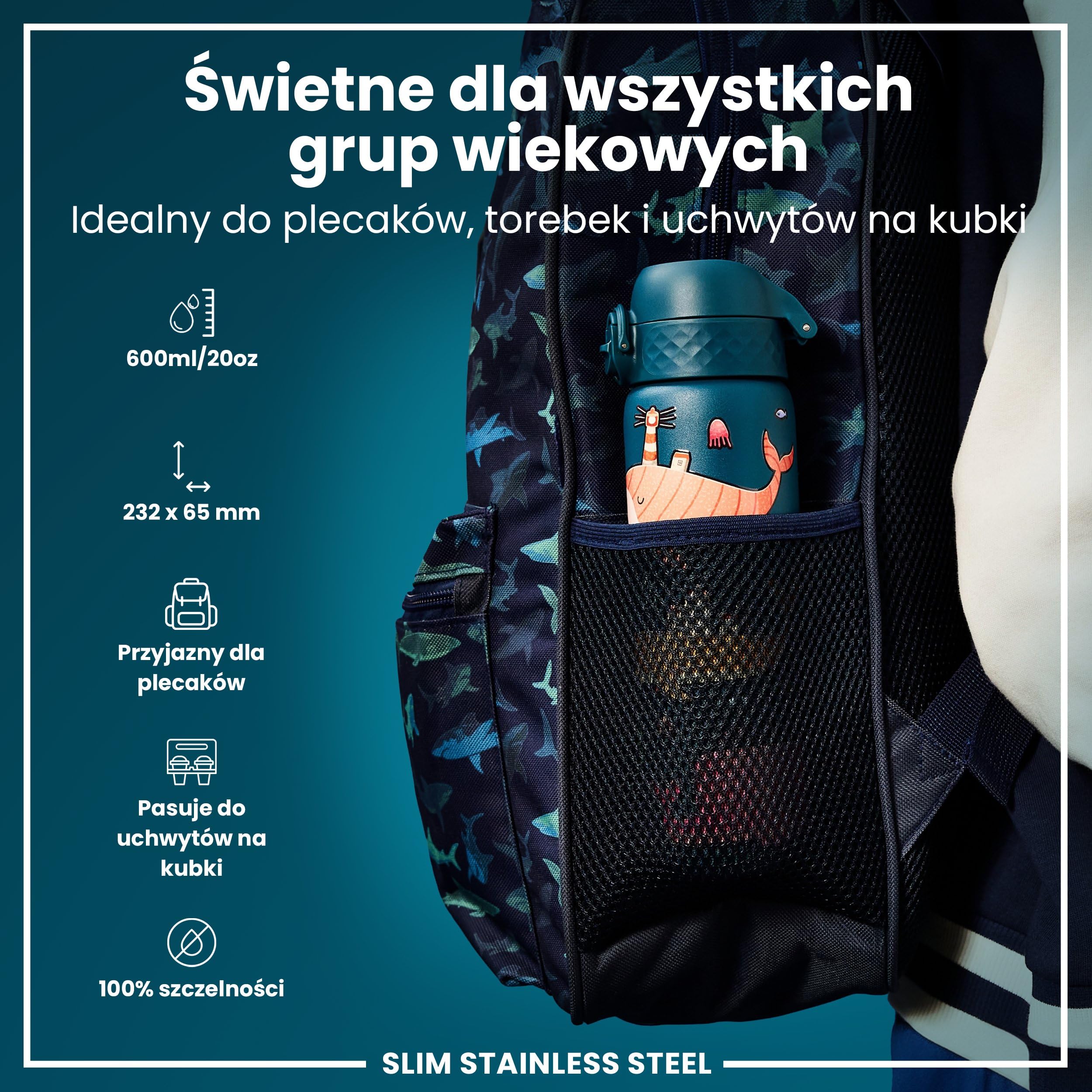 ION8 Butelka na Wodę ze Lekki Stali, 600 ml/20 oz, Nieocieplany, Szczelna, Łatwe Otwieranie, Bezpieczny Zamek, Można Myć w Zmywarce, Higieniczne Pokrycie, Składany Uchwyt, Wieloryby
