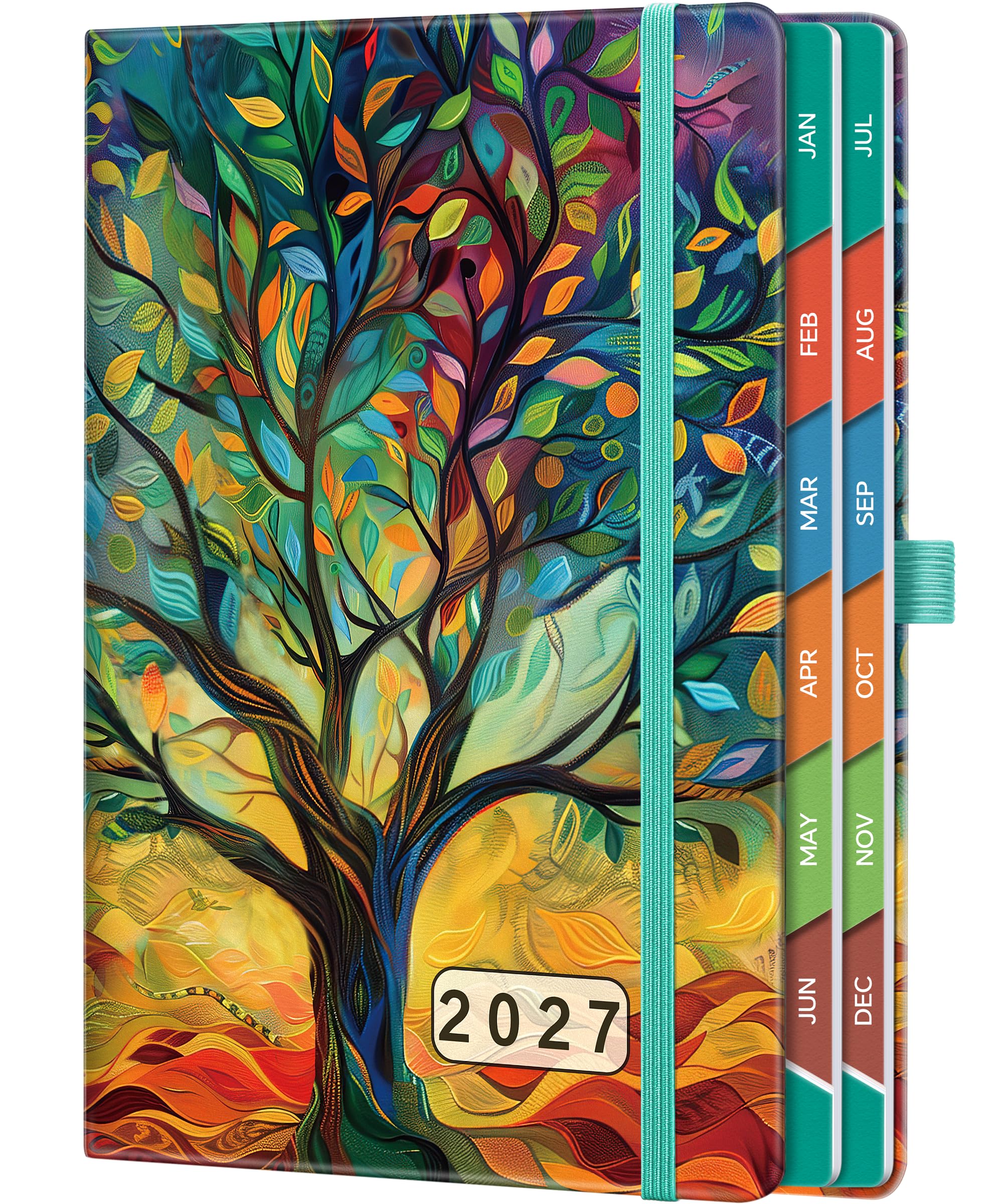 HwxBen 2027 Diary Page A Day A5, One Day Per Page Daily Planner 2027, 100 GSM Paper, Elastic Closure, Pen Loop & Pocket, Appointment Book for Work & Personal, Colorful Tree of Life