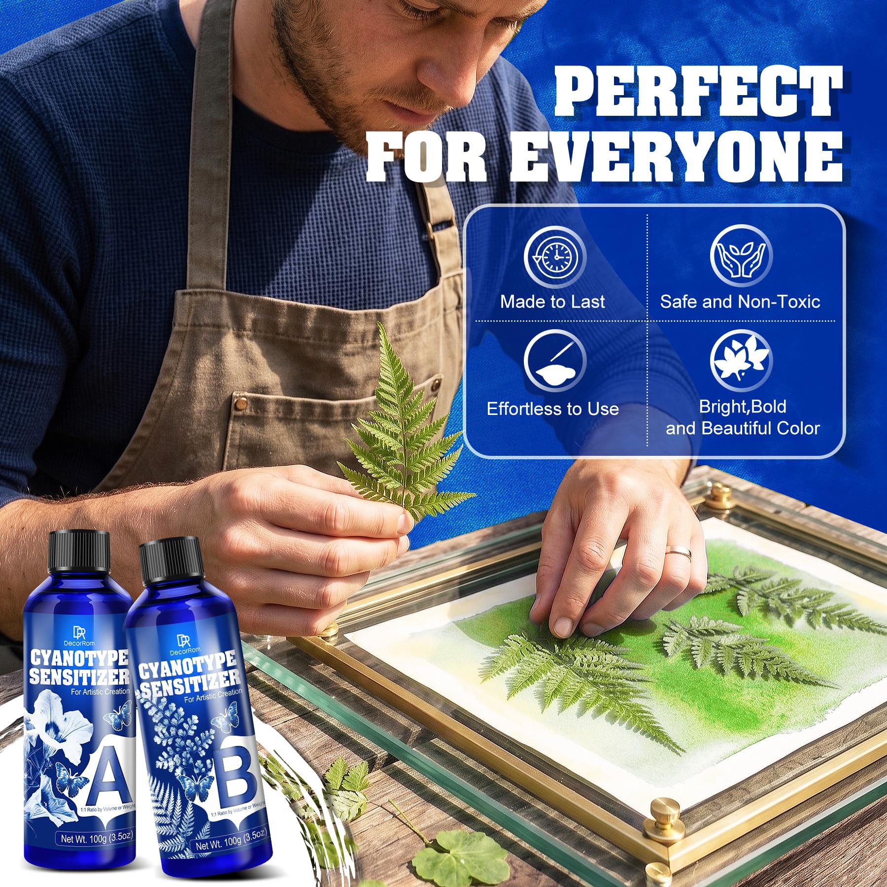 Kit Cianotipia 200g – Soluzione 2 Componenti Pronta all’uso per Tessuto e Carta – Stampa Solare DIY per Arte Vintage Blu, Fotografie Cianotipiche – Principianti & Artisti