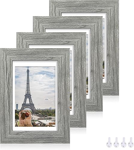 Juego de 4 portarretratos de 4 x 6 pulgadas, hechos de vidrio real y marco de madera gris, exhibición en pared o mesa, para fotos de 3.5 x 5