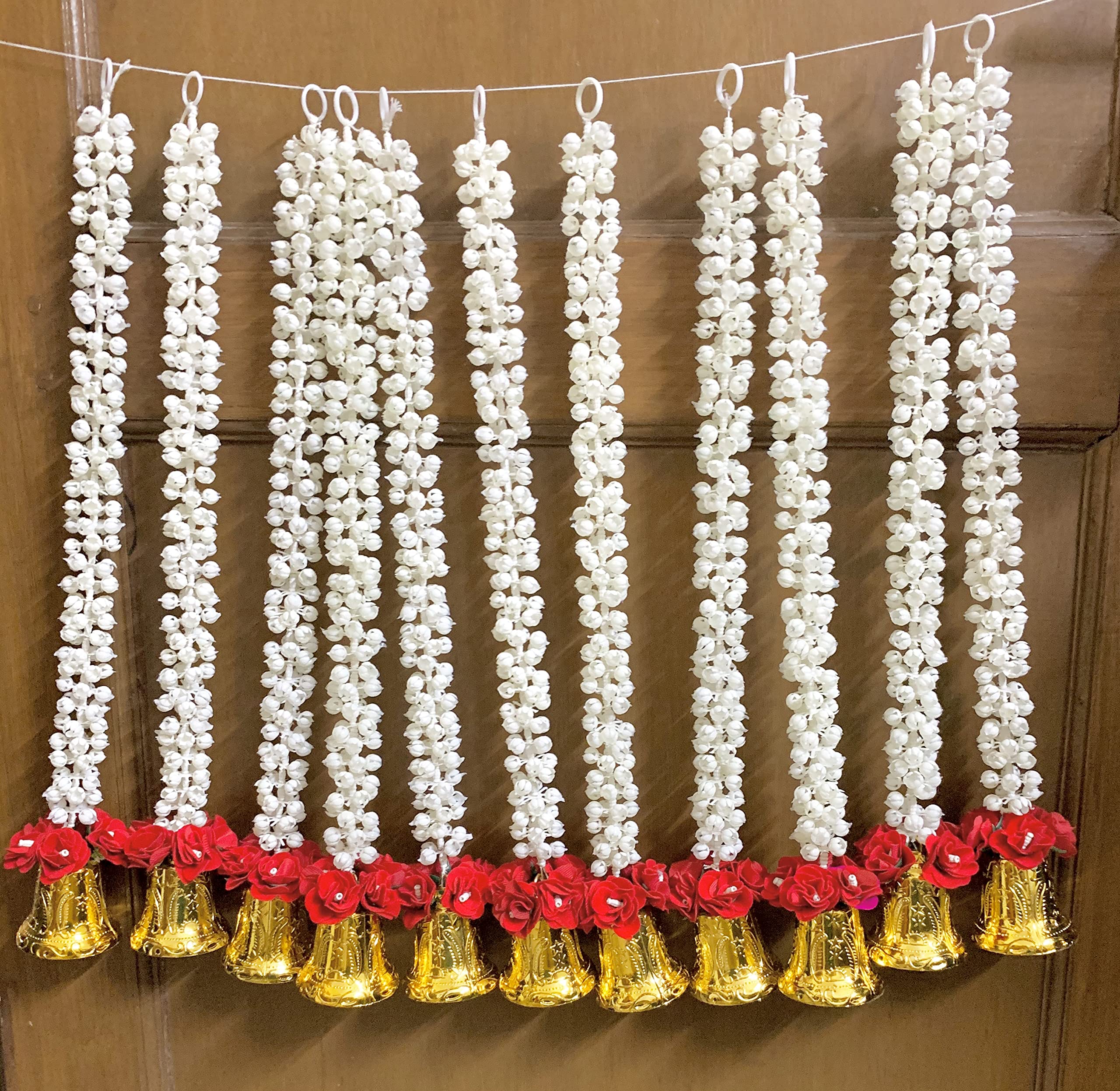 SPHINX artificial jasmine (mogra) with rose and golden bells decorative garlands for decorations backdrop door toran hangings festive pooja home function decorations (Approx 2.5 ft/ 30 Inches/ 75 cms) - Number of strings (6)