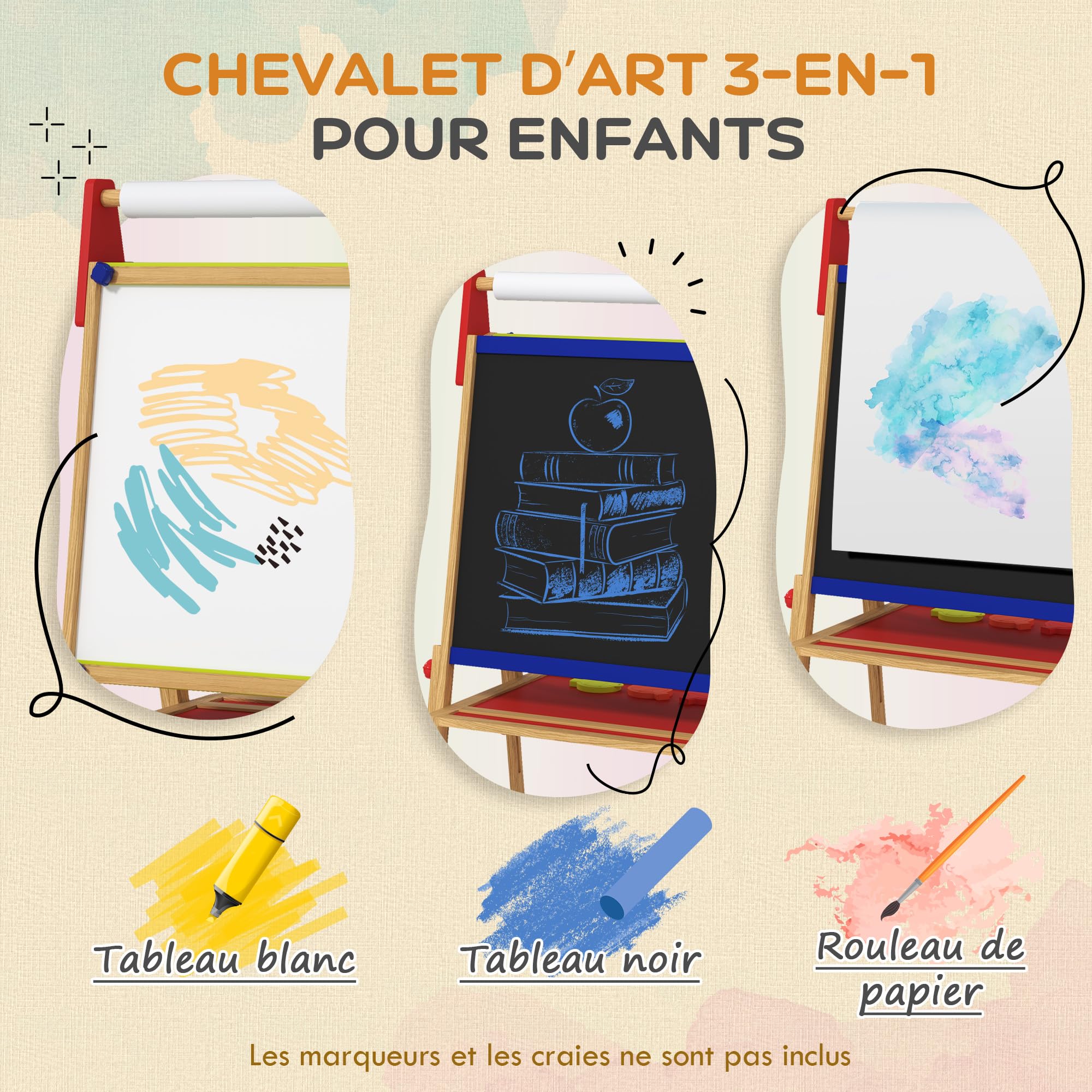 Chevalet Peinture Double Face 3 En 1 En Bois – Tableau Noir Et Blanc, Rouleau Papier, Hauteur Réglable 68-114 Cm – Dès 3 Ans