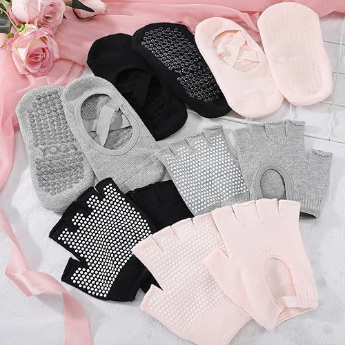 Miniatura 7 de Shihanee Juego de 6 pares de guantes de yoga antideslizantes para mujer, guantes de silicona con agarre de puntos, guantes sin dedos, toalla