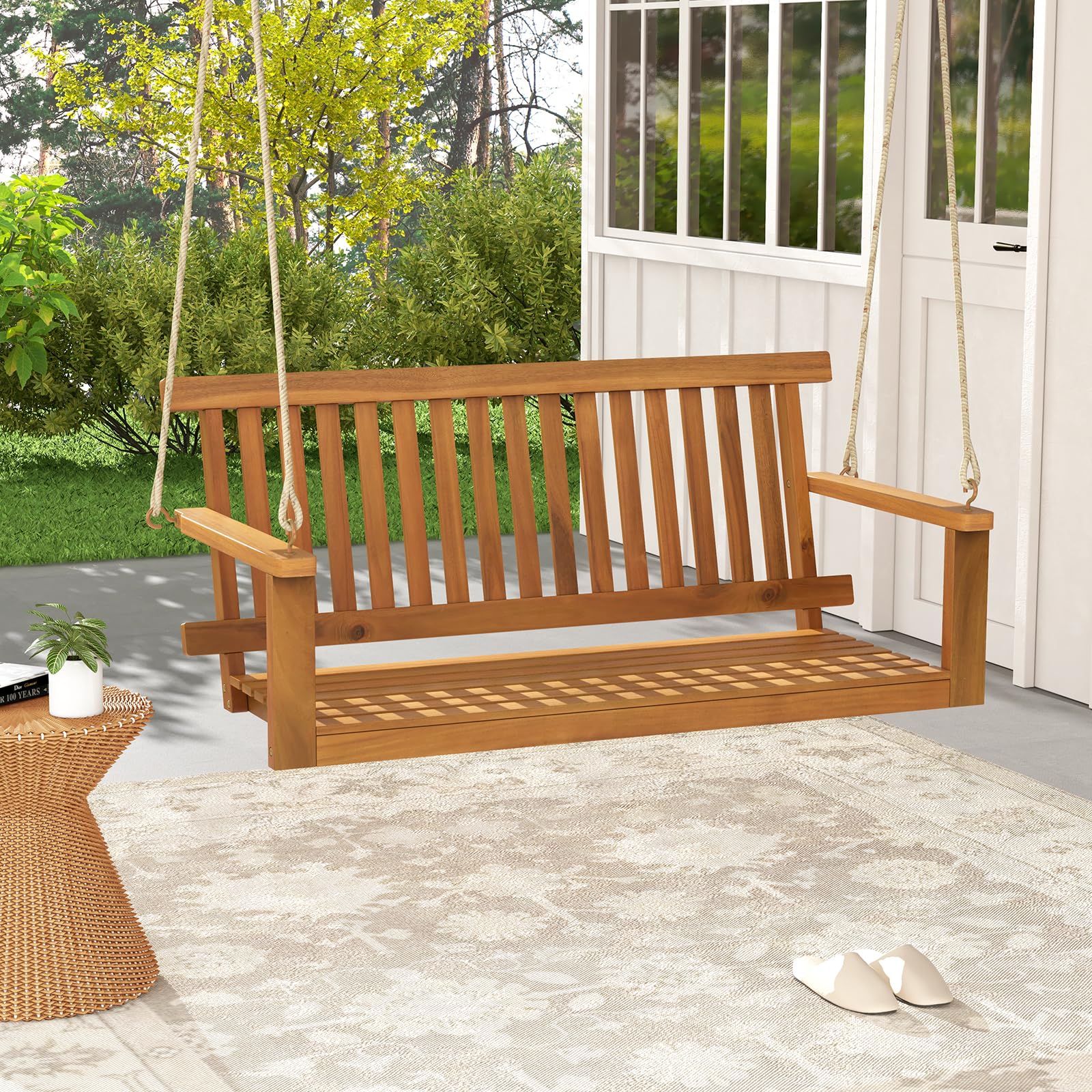 COSTWAY Banco Columpio Madera Acacia Exterior, 2 Plazas, Banco Balancin Jardin Exterior, Carga 360kg, Apoyabrazos y Respaldo, Columpio Jardin Exterior Patio Balcón