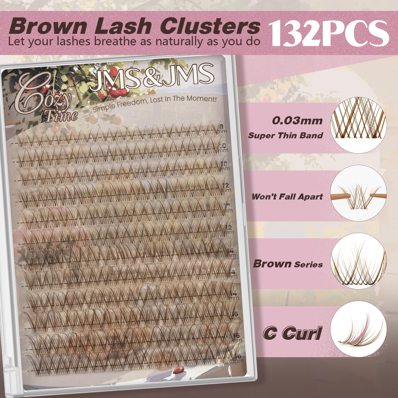 JMS&JMS Braune Wimpernbügel, natürliche Wimpernbügel, braune Wimpernbügel, transparentes Band, C-Curl, DIY-Cluster-Wimpern, 8–16 mm