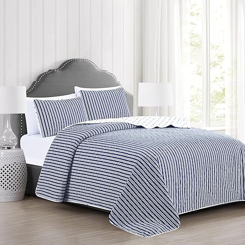 Miniatura 2 de Market & Place Juego de edredón reversible de 2 piezas con funda, colcha suave y ligera para todas las estaciones con patrón de rayas moderno
