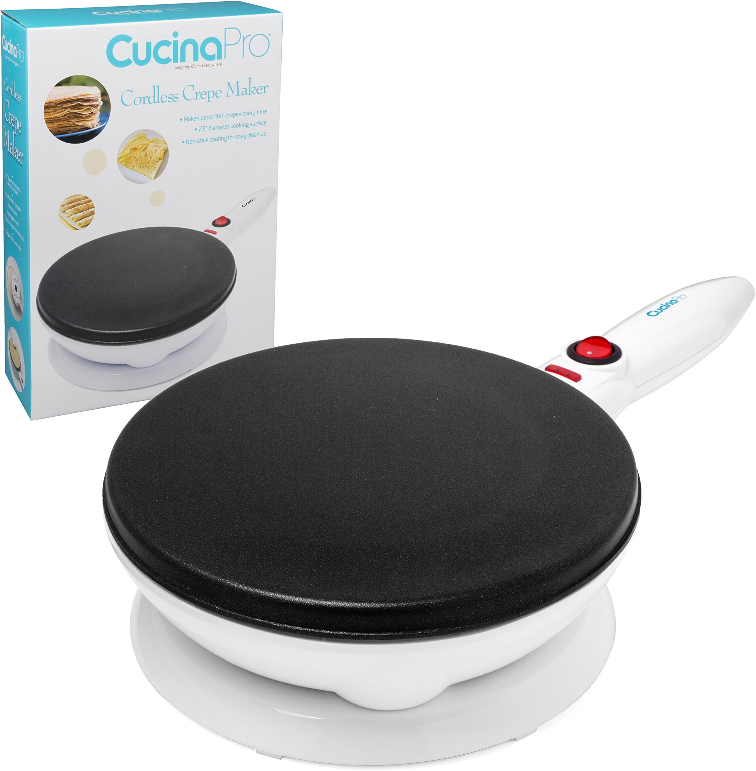CucinaPro Cordless Crepe Maker (1447) - FREE Recipe Guide, Non-Stick Dipping Plate plus Electric Base and Spatula