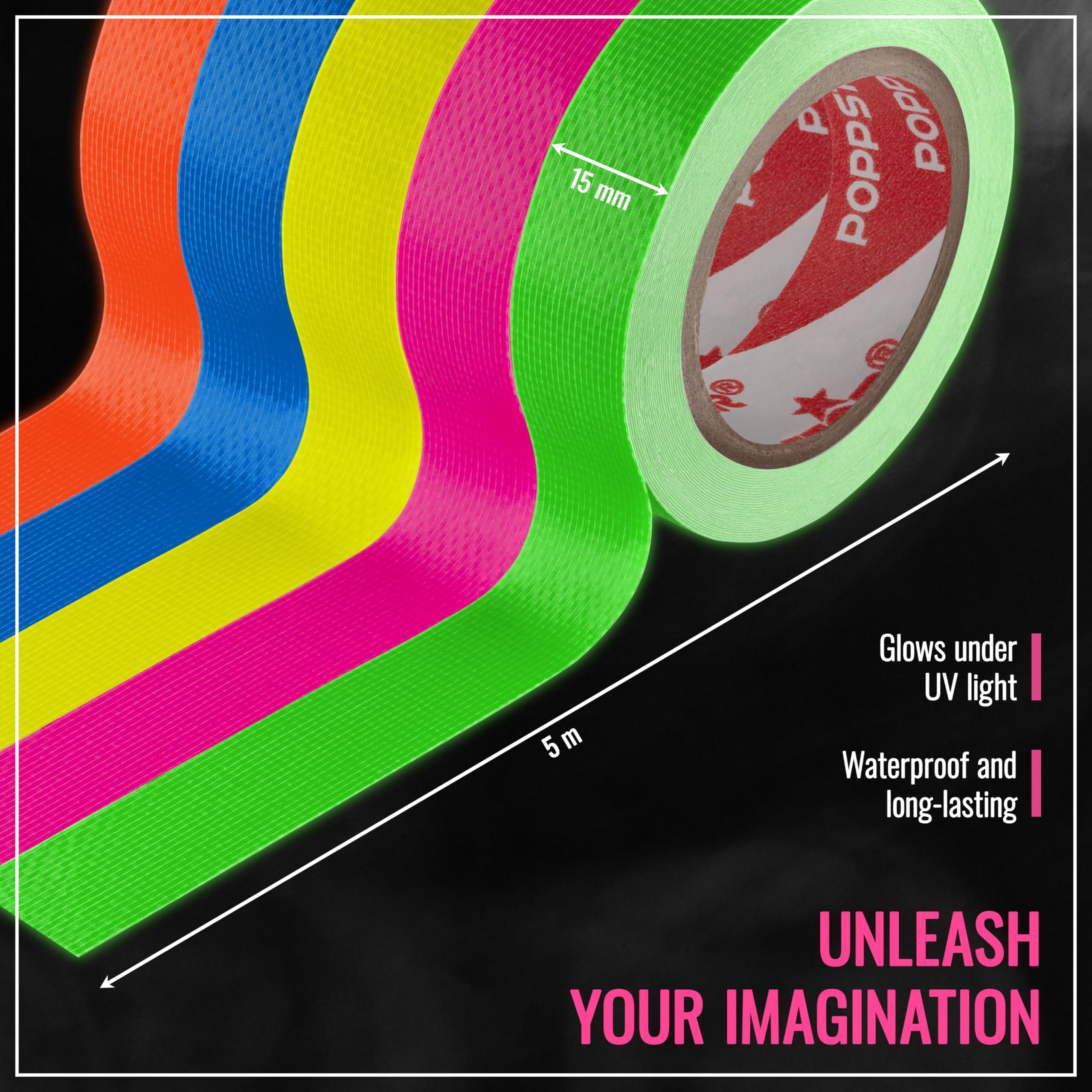 POPPSTAR 5x Neon Tape 15mm x 5m, Fluorescent Fabric Tape, yellow, green, red, blue, pink, Multicolored, 5000 mm × 15 mm - Image 2