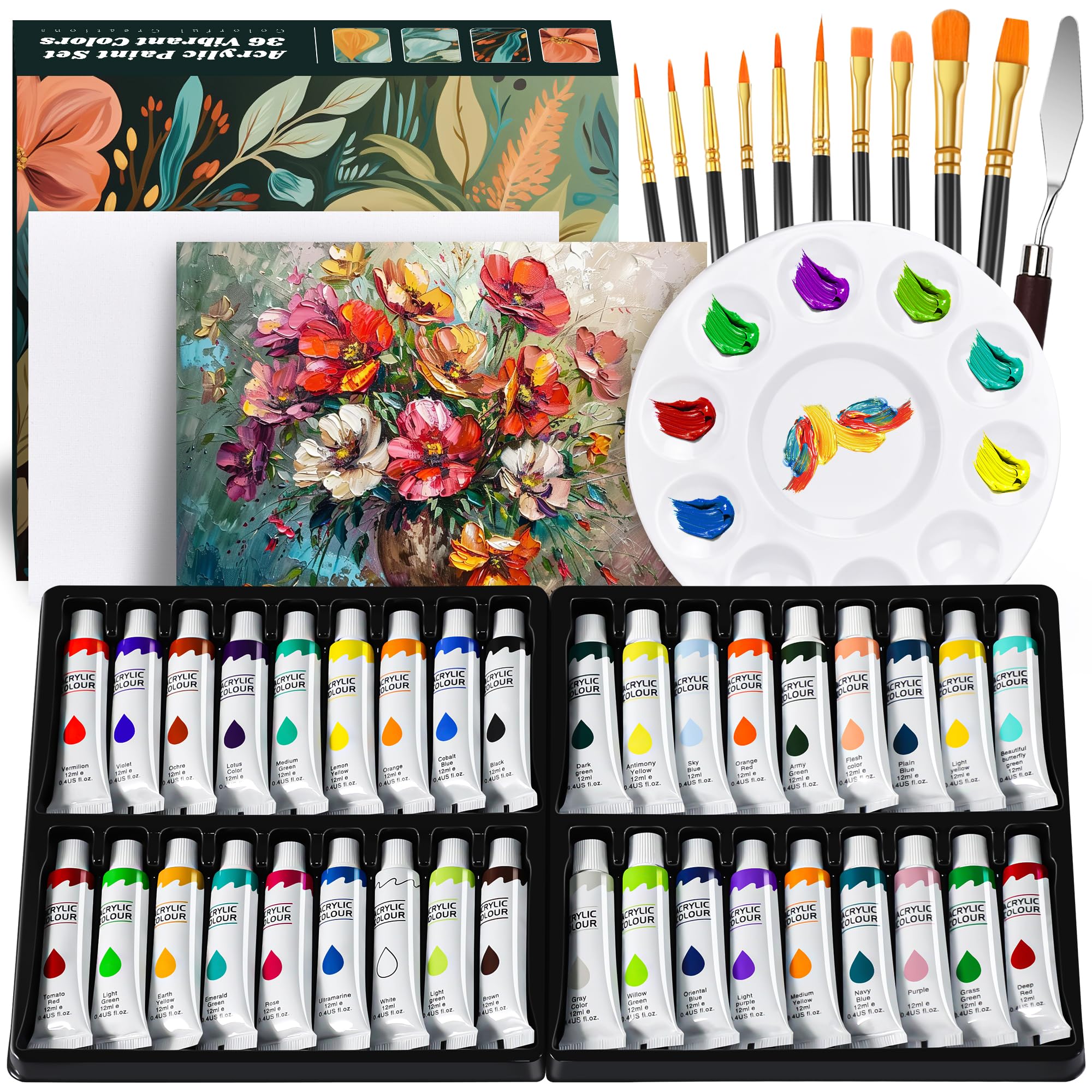 DazSpirit Set di Pittura Acrilica da 36 Colori | Colori Acrilici per Dipingere, Inclusi Pennelli, Palette e Tele, Colori Acrilici Ideale per Tela, Legno, Tessuto | per Principianti, Adulti e Bambini