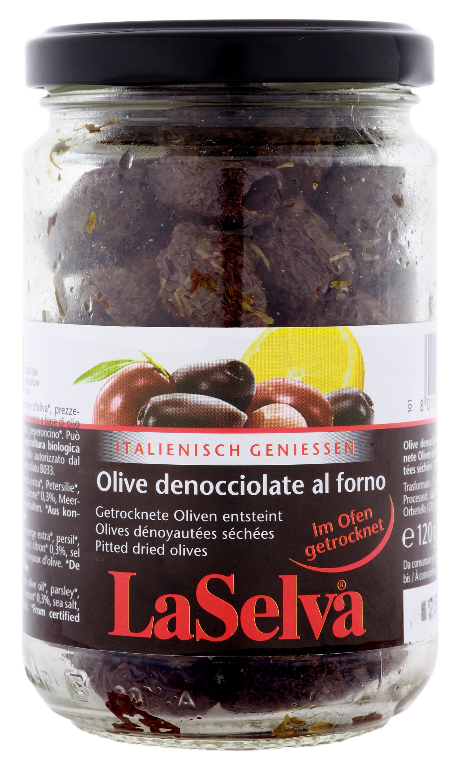 LaSelva Halbgetrocknete dunkle Oliven al forno, ohne Stein, 3er Pack (3 x 120 g) - Bio