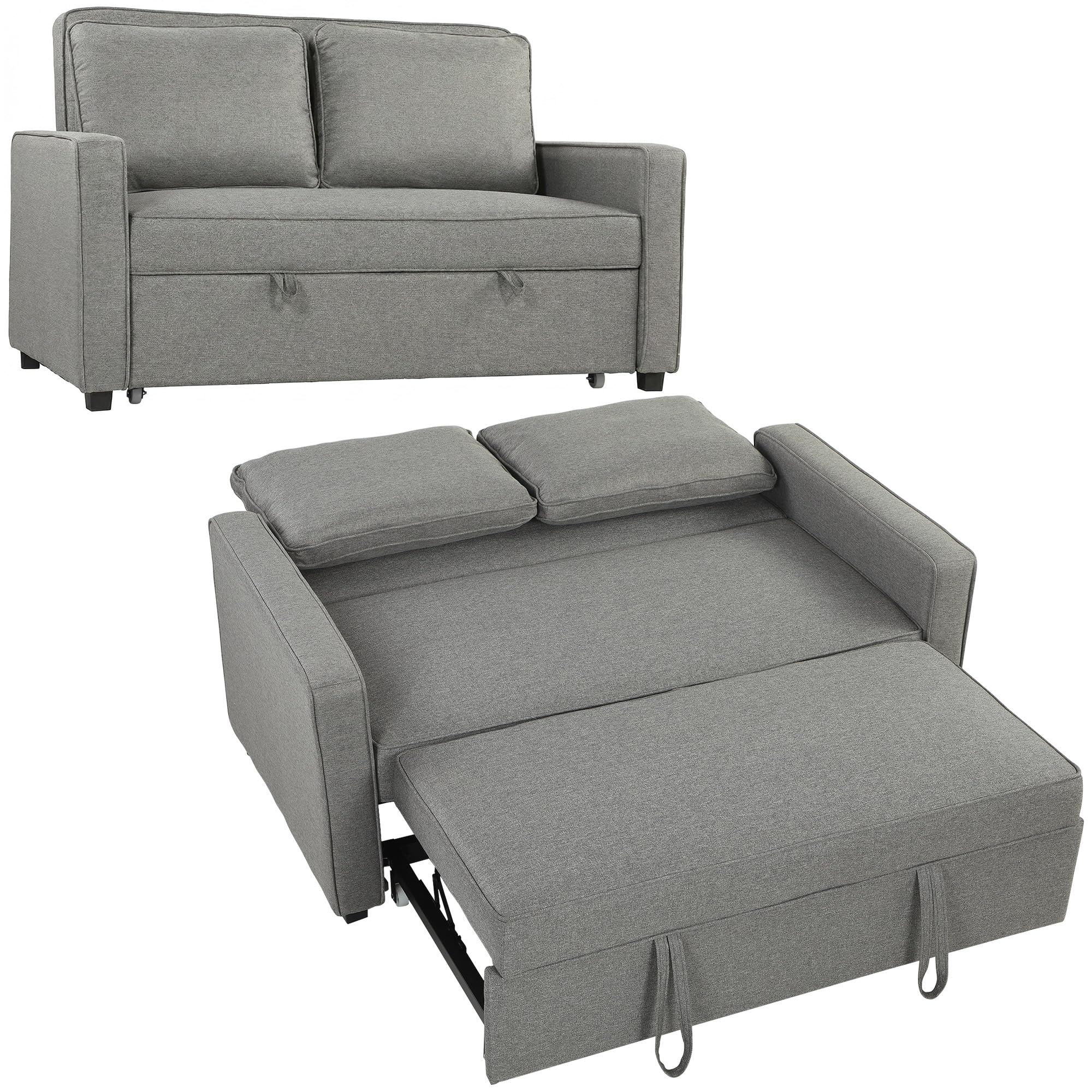 HOMCOM Divano Letto 2 Posti 3 in 1 Effetto Lino con 2 Cuscini, Divano Letto Matrimoniale Estraibile Reclinabile 3 Livelli Salvaspazio, Braccioli, Seduta Imbottita, Legno Eucalipto, Soggiorno, Grigio