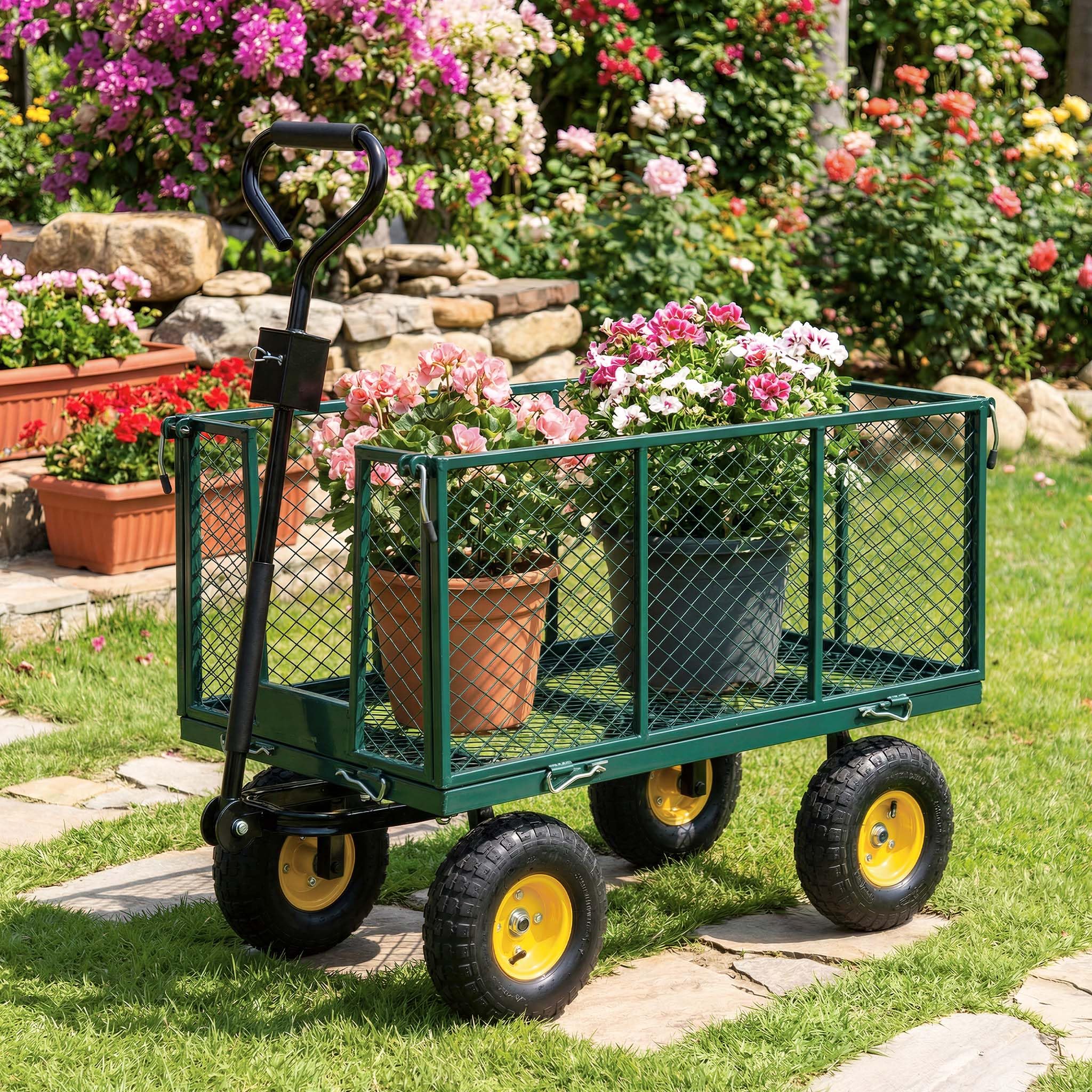 Wiltec Chariot Transport XXL Pliable – 1140 x 520 x 1050 mm – capacité 550 kg – avec Bâche Amovible, Pneus Robustes et Grille de Rangement – Diable Jardin Jardinage Outils Outillage