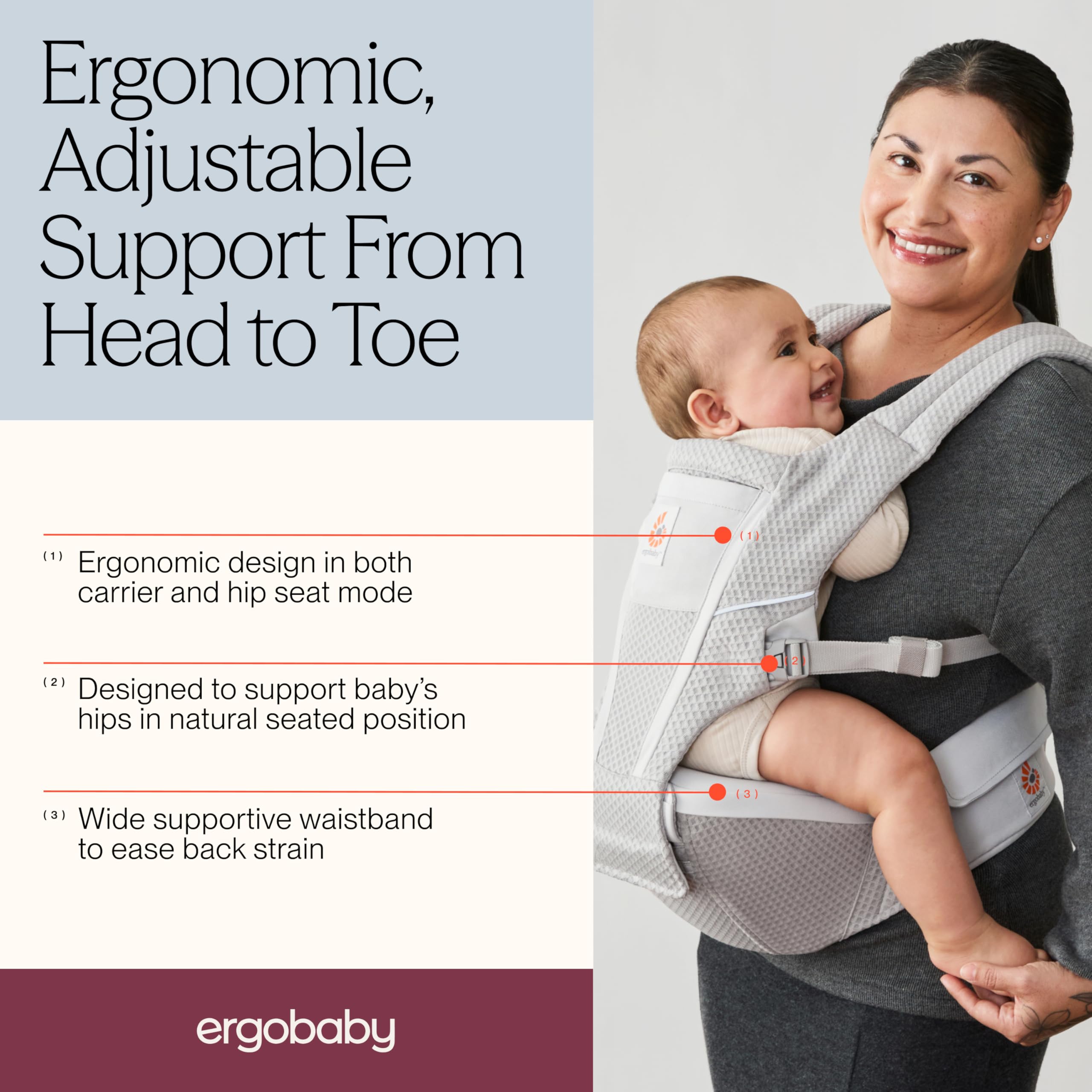 Ergobaby Alta Hip Seat, marsupio con seggiolino per neonati e bambini dai 4 mesi in su (5,5 kg - 20,4 kg), con rete SoftFlex