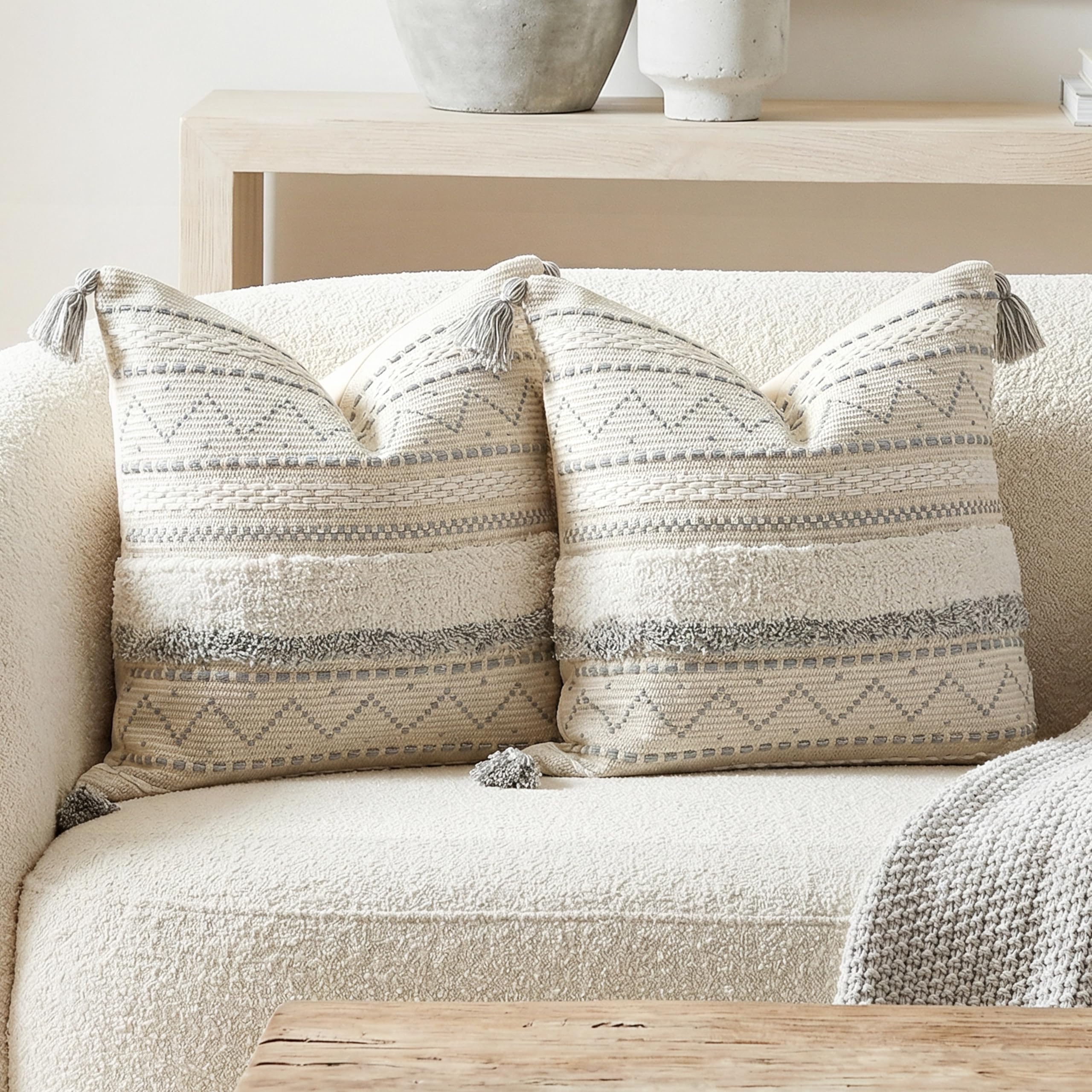 BlissBlush Gray Decorative Throw Pillow Covers 20x20 Combo Set of 2 Square Boho Neutral Grey Accent Pillowcase Tassels Farmhouse Cushion for Couch