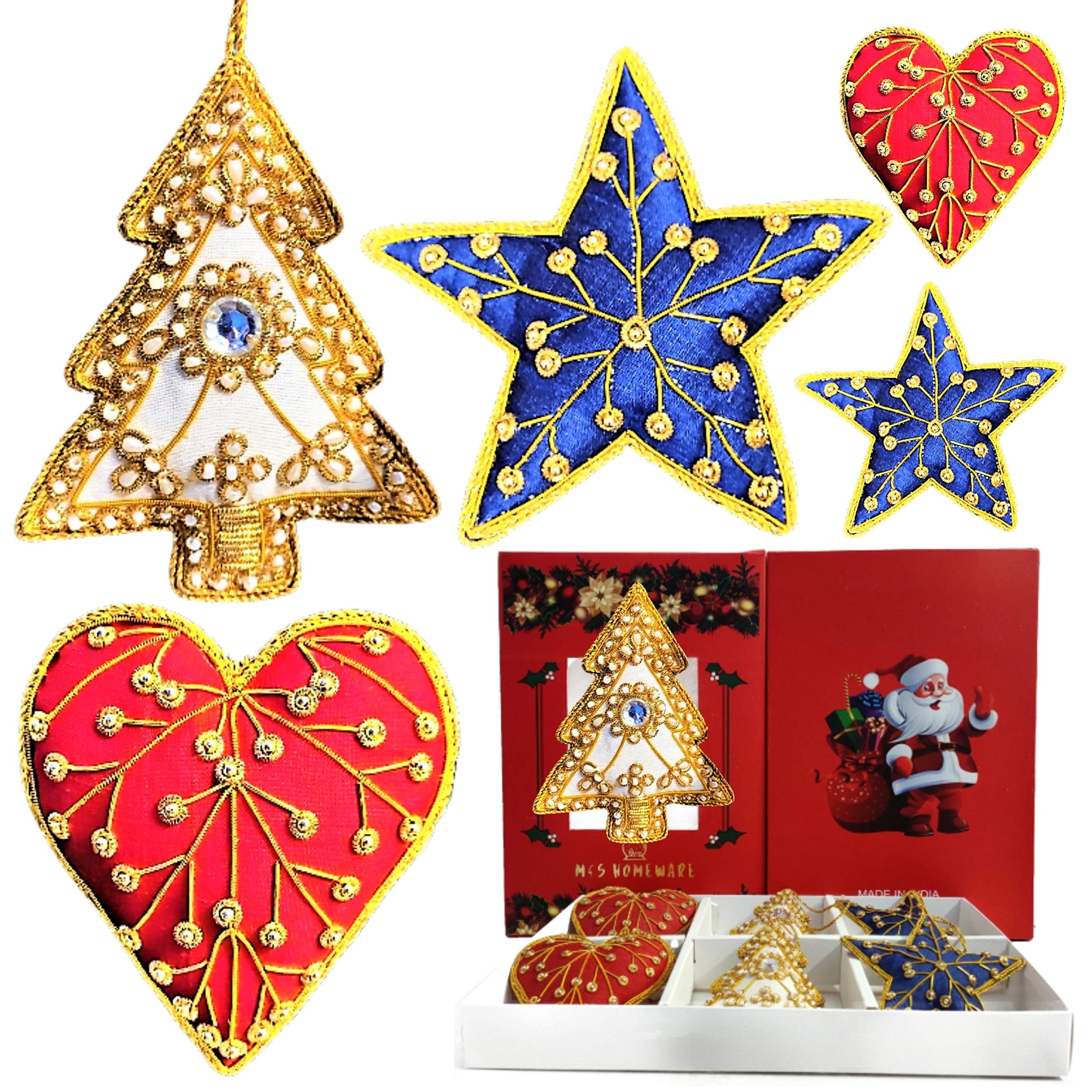 M&S Homeware Christmas Decorative Ornaments - Assorted Set of 6 Red Blue Off-White Handmade Embroidered Christmas Hangings - Christmas Décor Secret Santa Gift Ideas - Christmas Wreath Add on Pendants