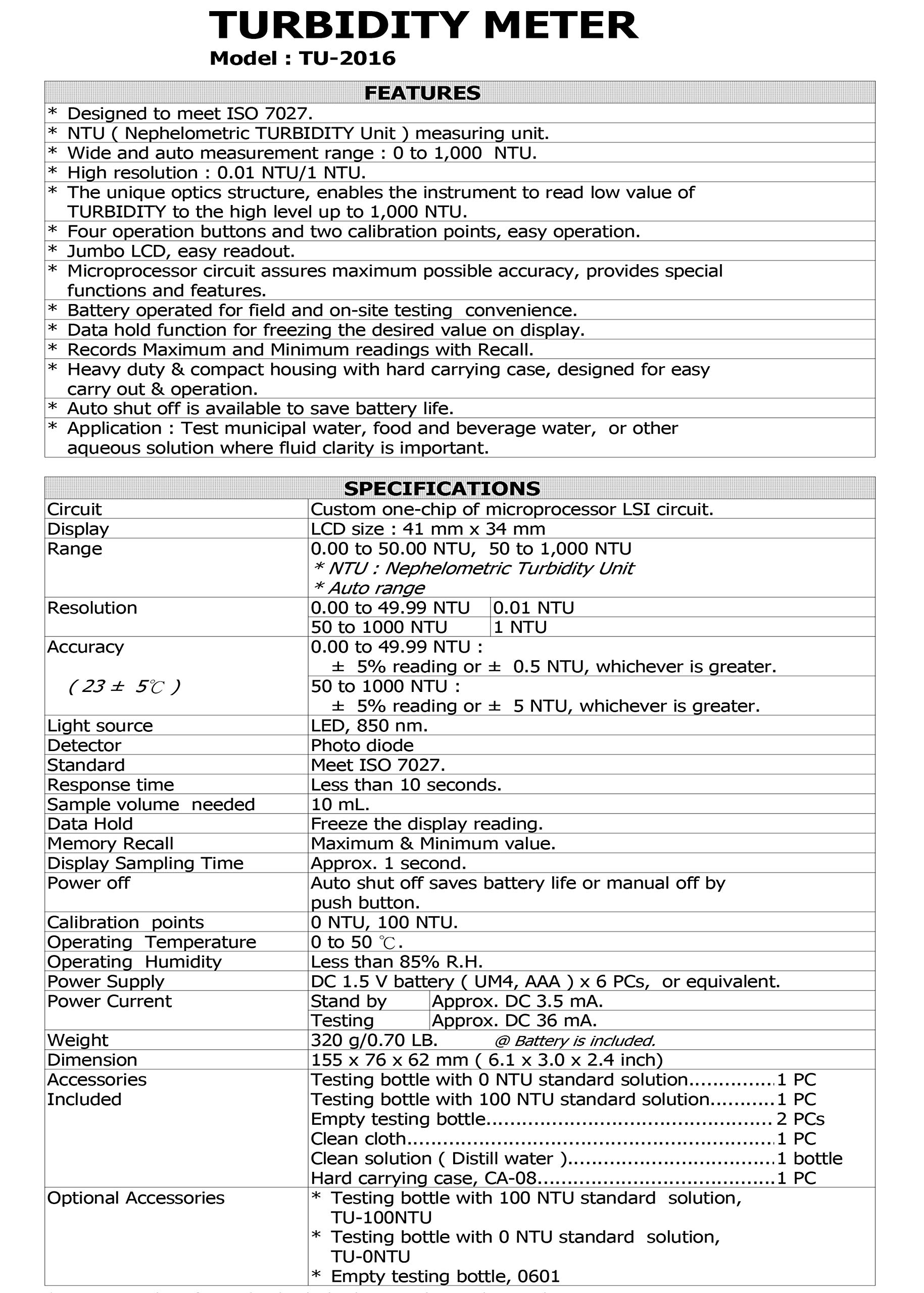 *Envío el mismo día* Medidor de turbidez | rango NTU: 0.00-50.00 y 50-1000, ISO 7027 | rango automático, pantalla LCD | funciona con pilas | certificado de calibración incluido | modelo: TU-2016,