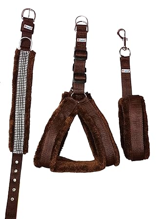 Petshop7 Fur Padded Nylon Dog Harness, Dog Collar & Dog Leash Large (Chest Size - 29-35inch) Brown