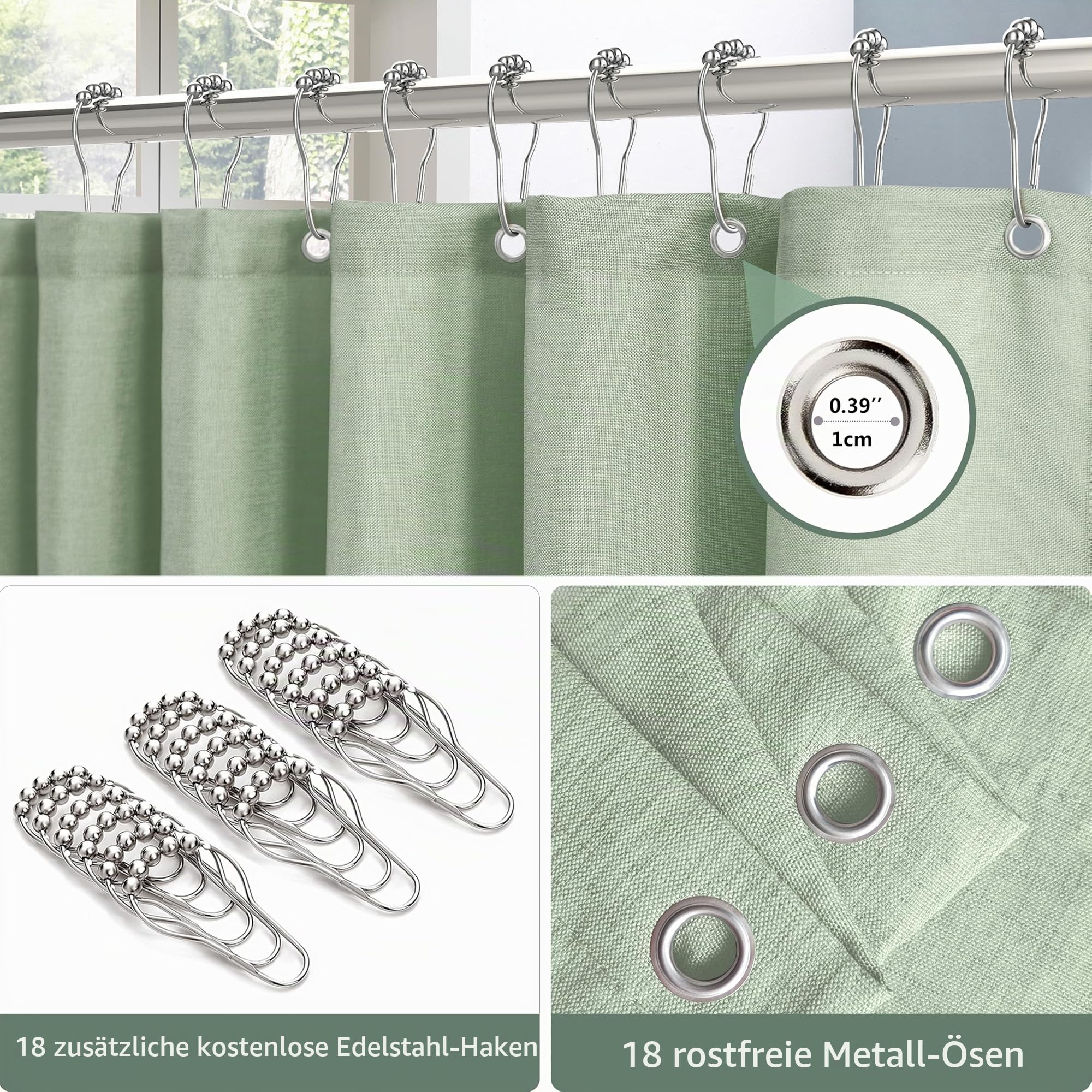 VANZAVANZU Duschvorhang Leinen mit Metall Duschvorhangringe Stoff Textil Badewannenvorhang Anti Schimmel Bad Vorhang Set Wasserdicht Schwerer Badewanne Vorhang - 275 x 182cm (Salbeigrün)