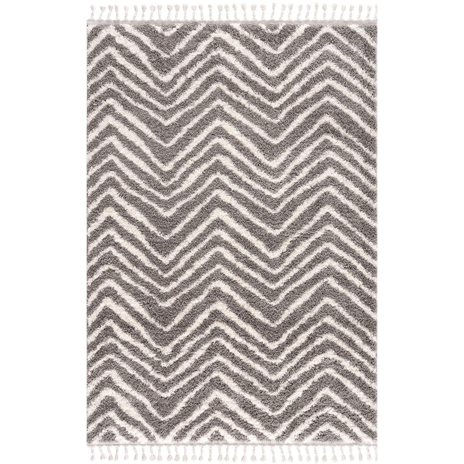 Tapis de Salon, à Poils Longs, Design Ethnique, Chevron, 200 x 290 cm, Gris crème, avec Franges