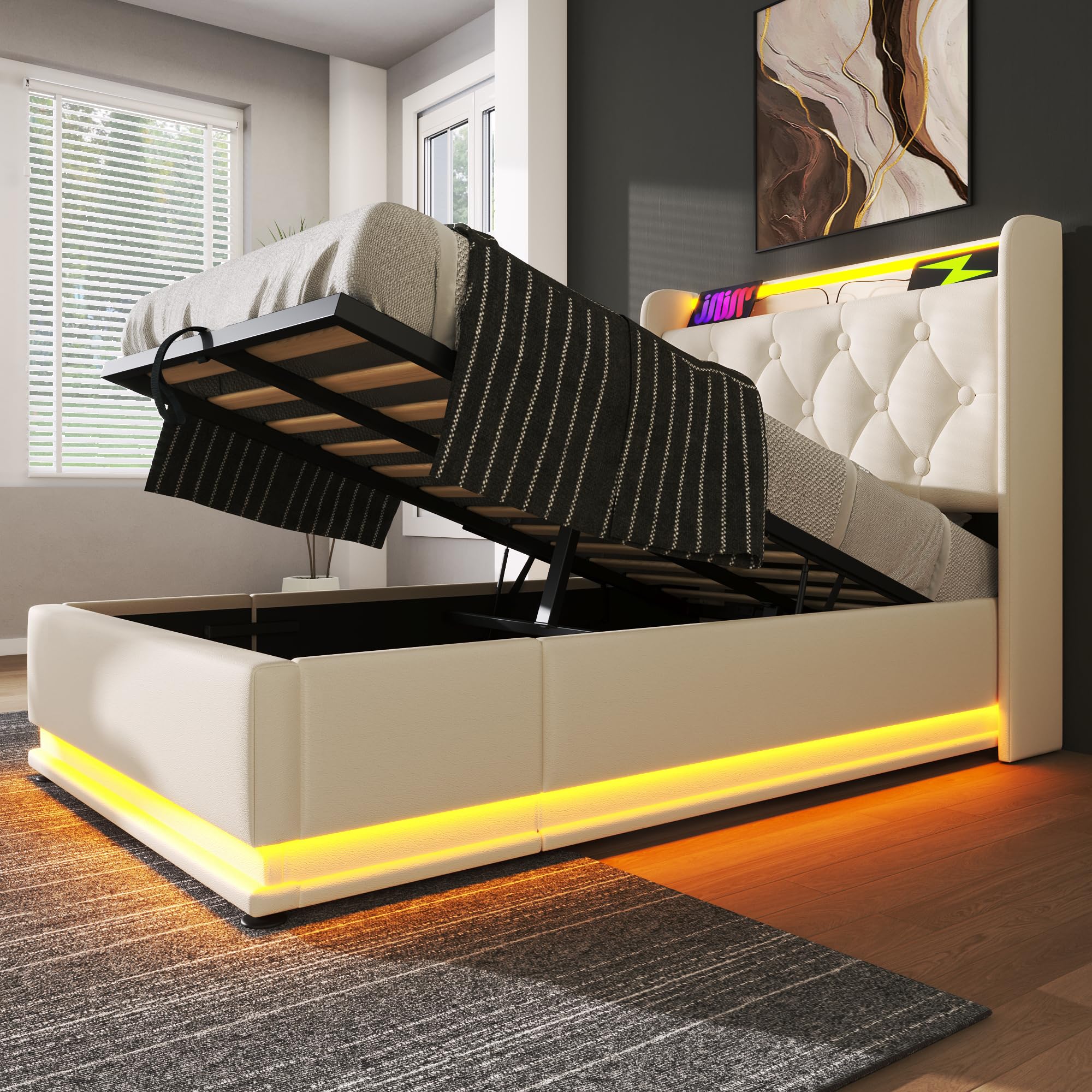 Ymkua Polsterbett Einzelbett 90x200 cm, Stauraumbett Bett mit LED-Funktion Kopfteil und Lattenrost, Jugendbett Bettgestell mit USB Typ-C Ladefunktion, Hydraulisch Funktionsbett, Weiß, PU,Ohne Matratze