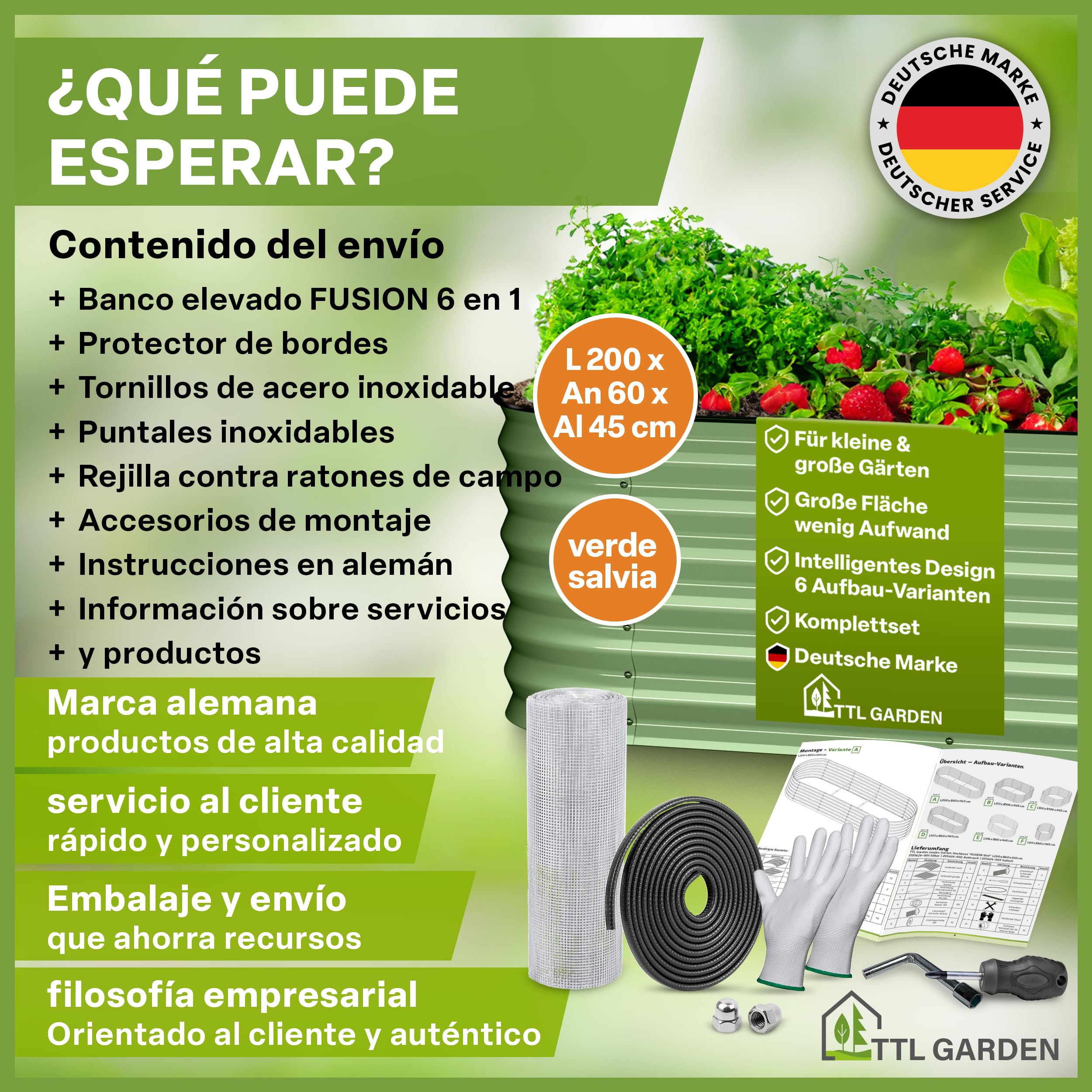 TTL GARDEN 200 x 60 x 45 cm Metal Hochbeet Fusion 6 en 1 Salvia Verde – Acero inoxidable galvanizado y lacado, 45 cm de alto 60 cm de ancho, forma ovalada, estable, jardín, bancal para verduras