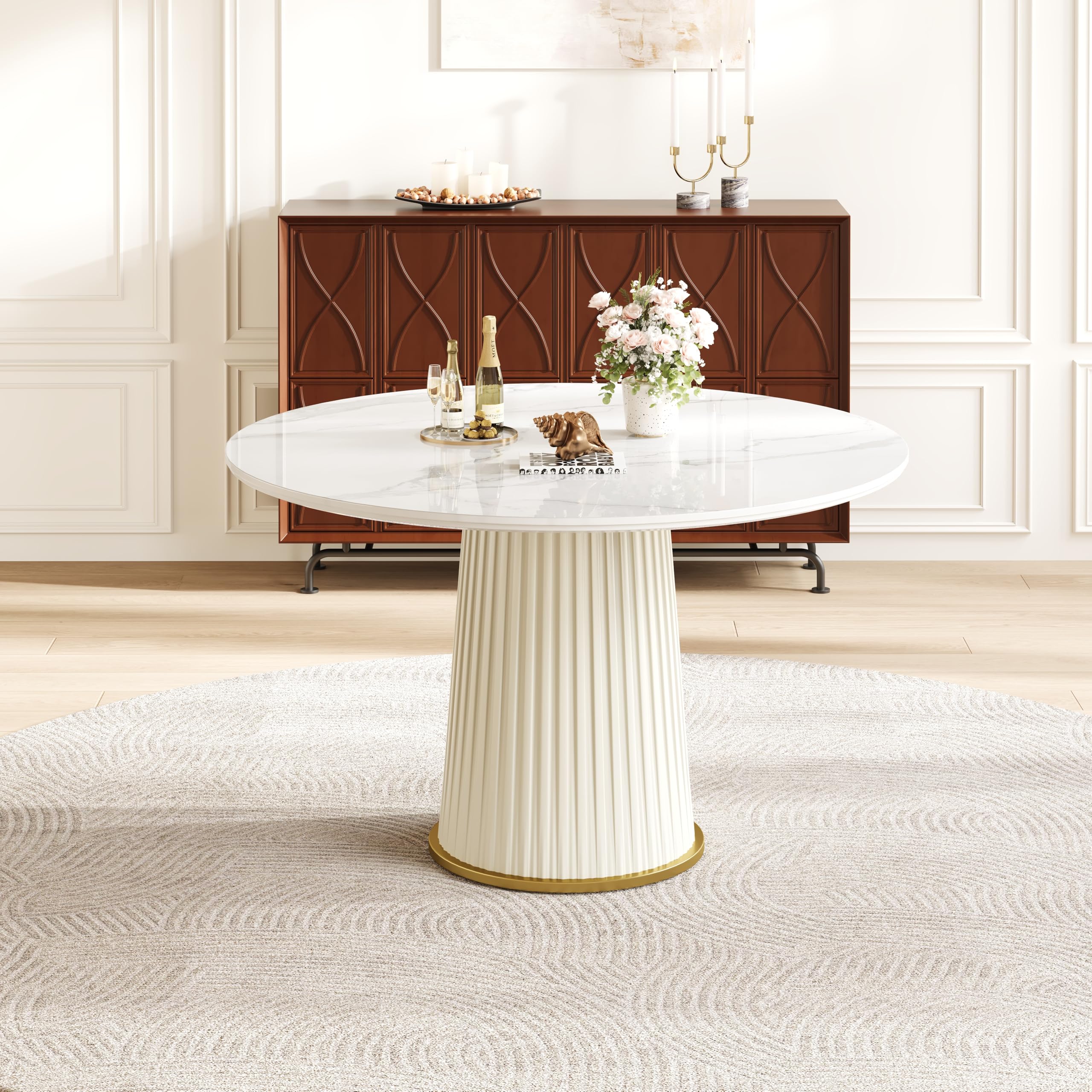 Photo 1 of KEIKI 43.3" Round Dining Table for 4-6, Modern Kitchen Table with Glossy Sintered Stone Top, Pleated PU Leather Iron Pedestal, Adjustable Feet, White